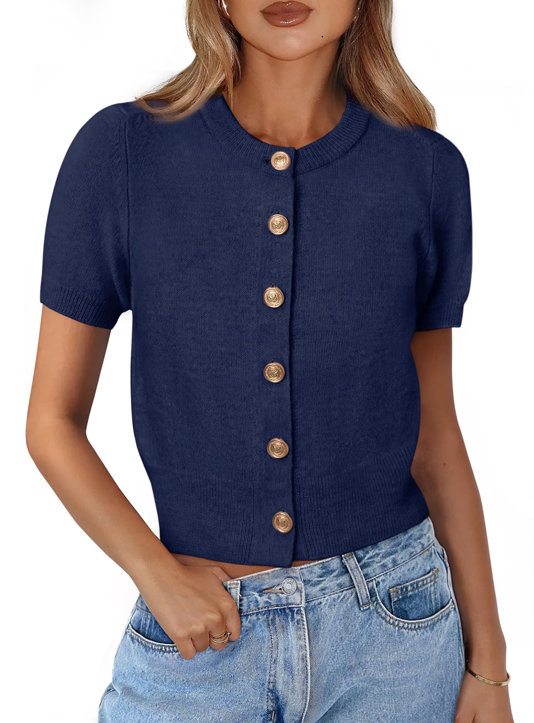 Womens Summer Cardigan Short Sleeve Sweater,Navy Blue,S