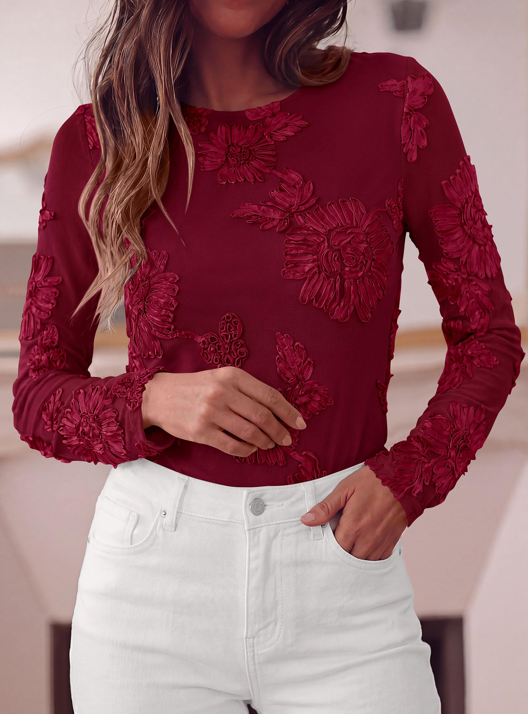 Women's Mesh Long Sleeve Embroidered Floral Tops Fall Blouses