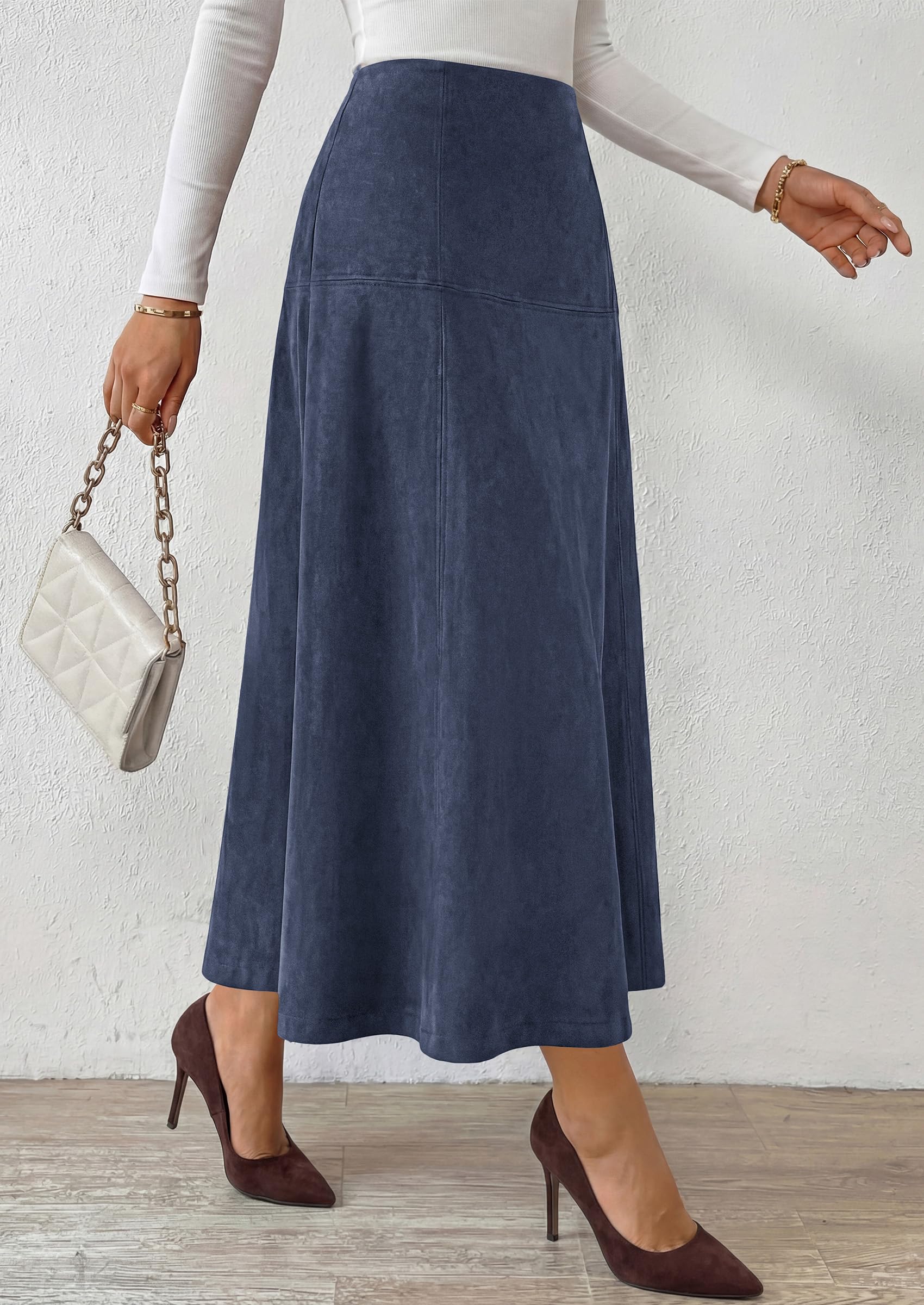 Womens High Waist Faux Suede A Line Midi Skirt,Navy,S