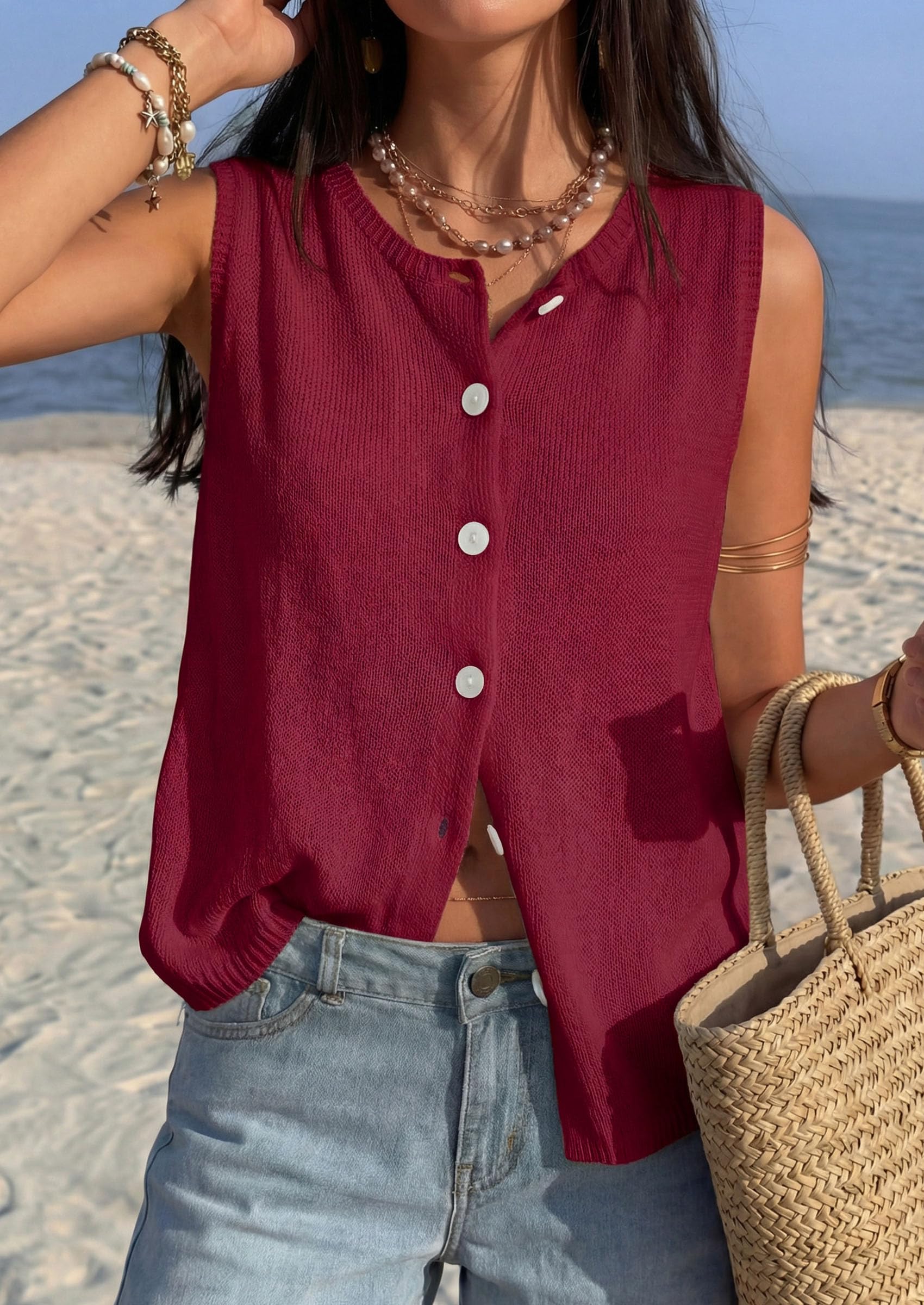 Women's Summer Button Up Sweater Vest Tops,Burgundy,S