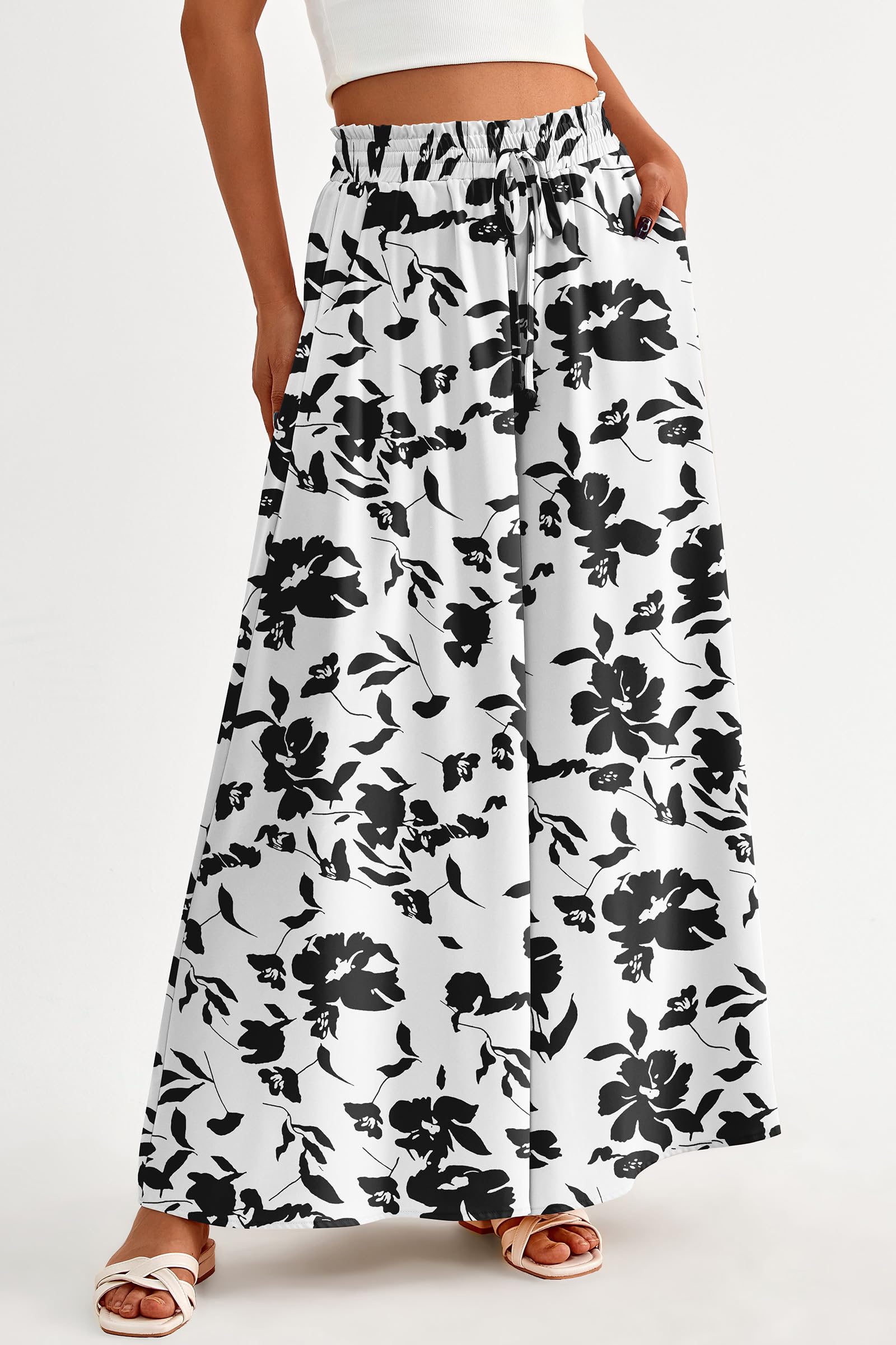 Summer Wide Leg Palazzo Pants for Women Casual,Print Black,S