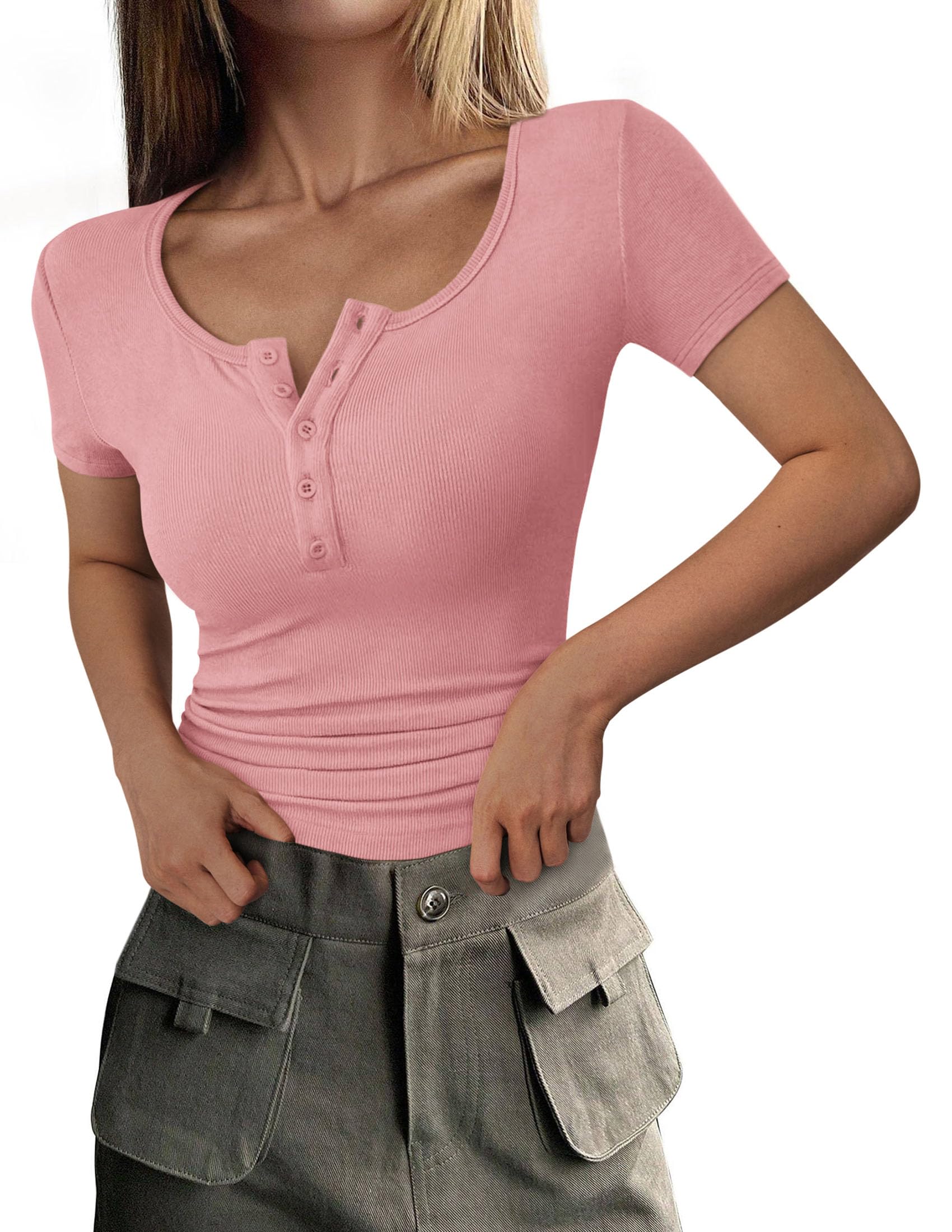 Women's Summer Tops Henley Tee Shirts (Pink,X-Small)