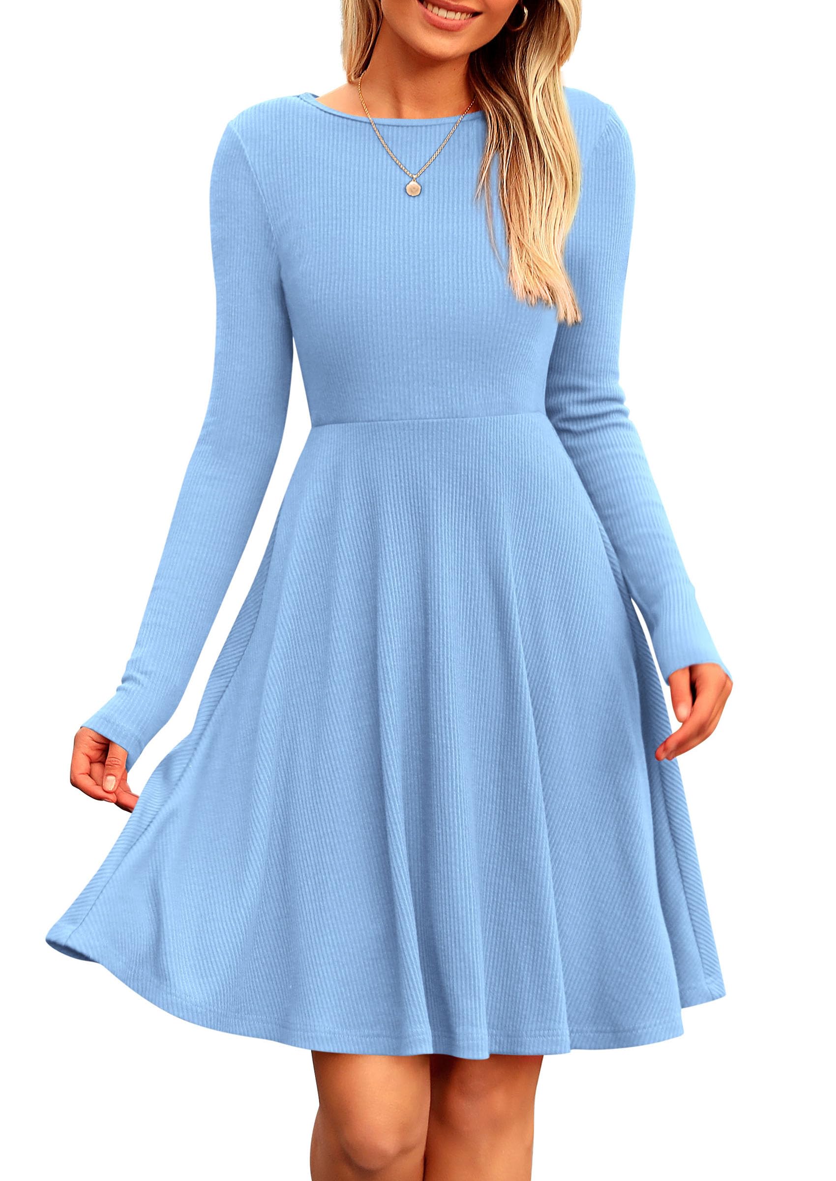 Women's Fall Casual Long Sleeve Short Dress (Sky Blue,S)