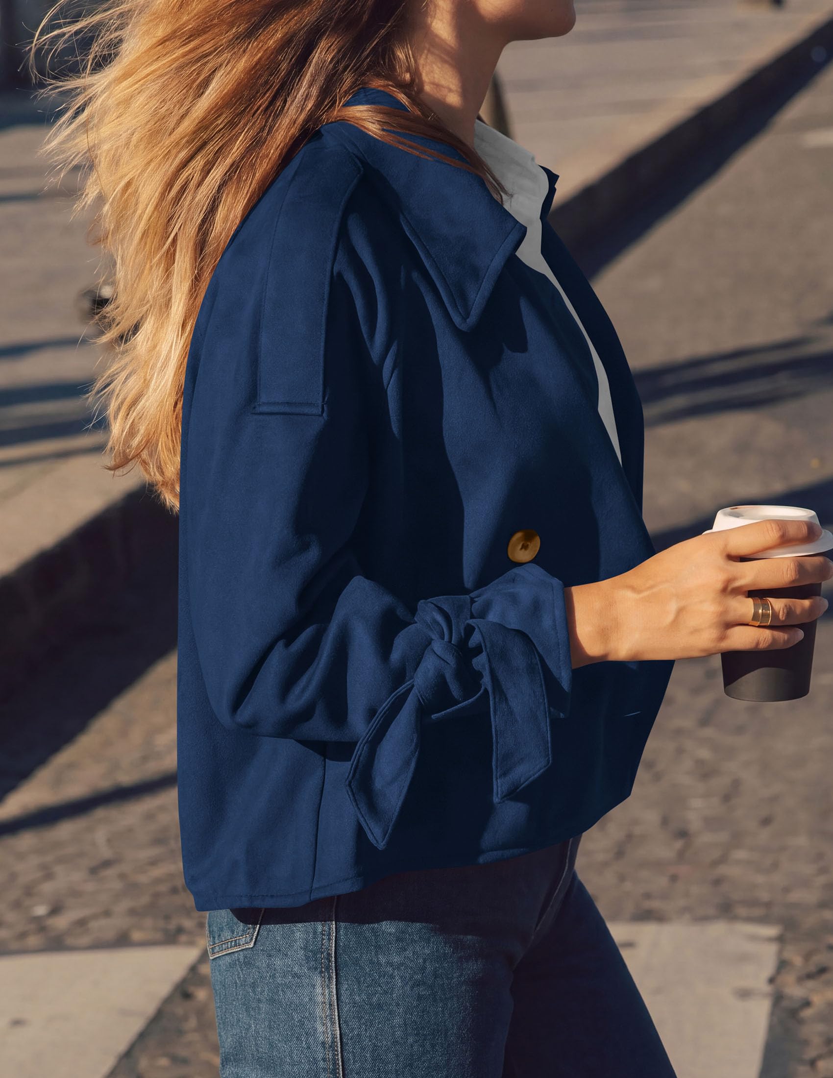 Women Faux Suede Double Breasted Trench Coat Cropped Jackets