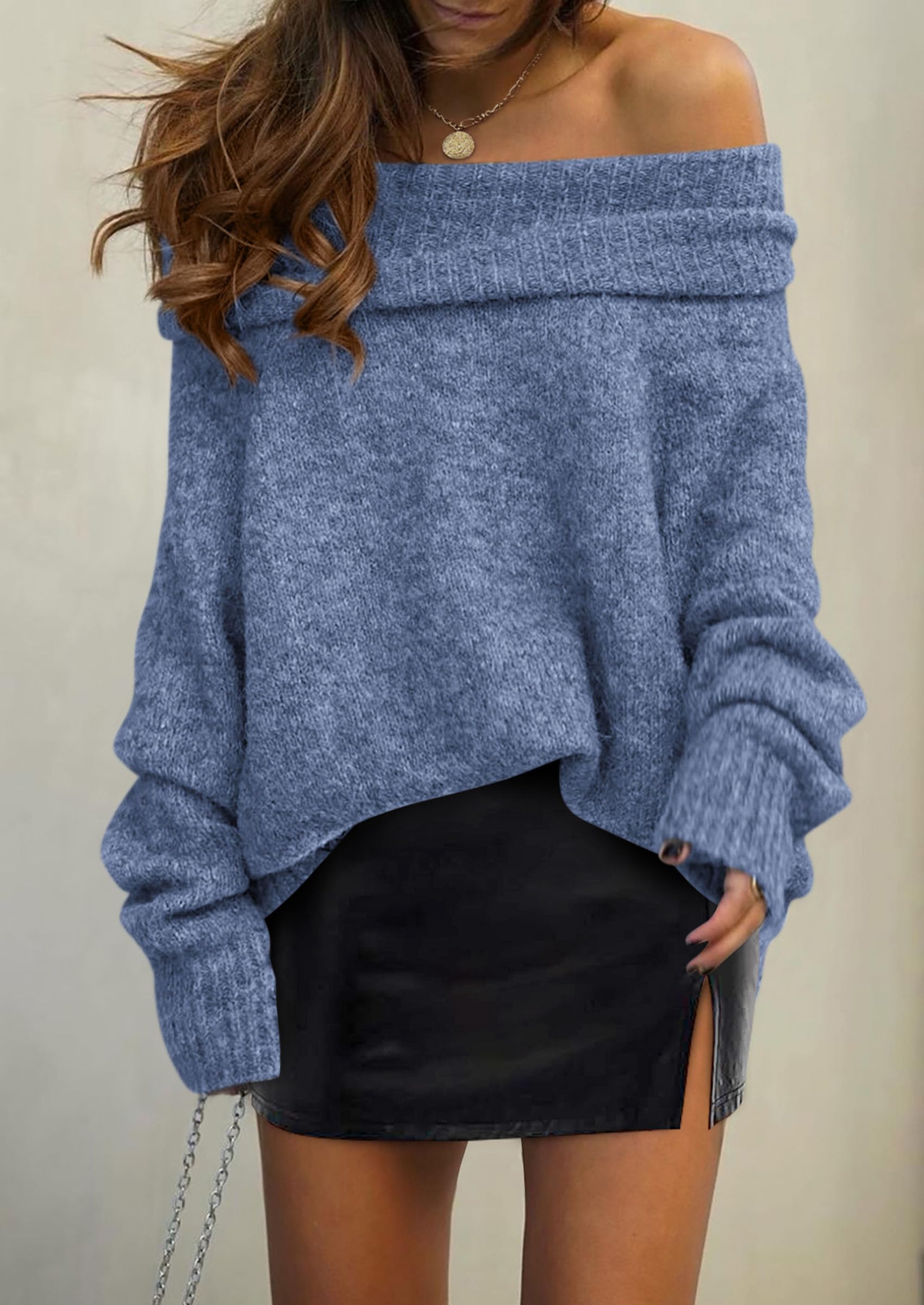 Women's Fall Off The Shoulder Sweater,Mist Blue,S
