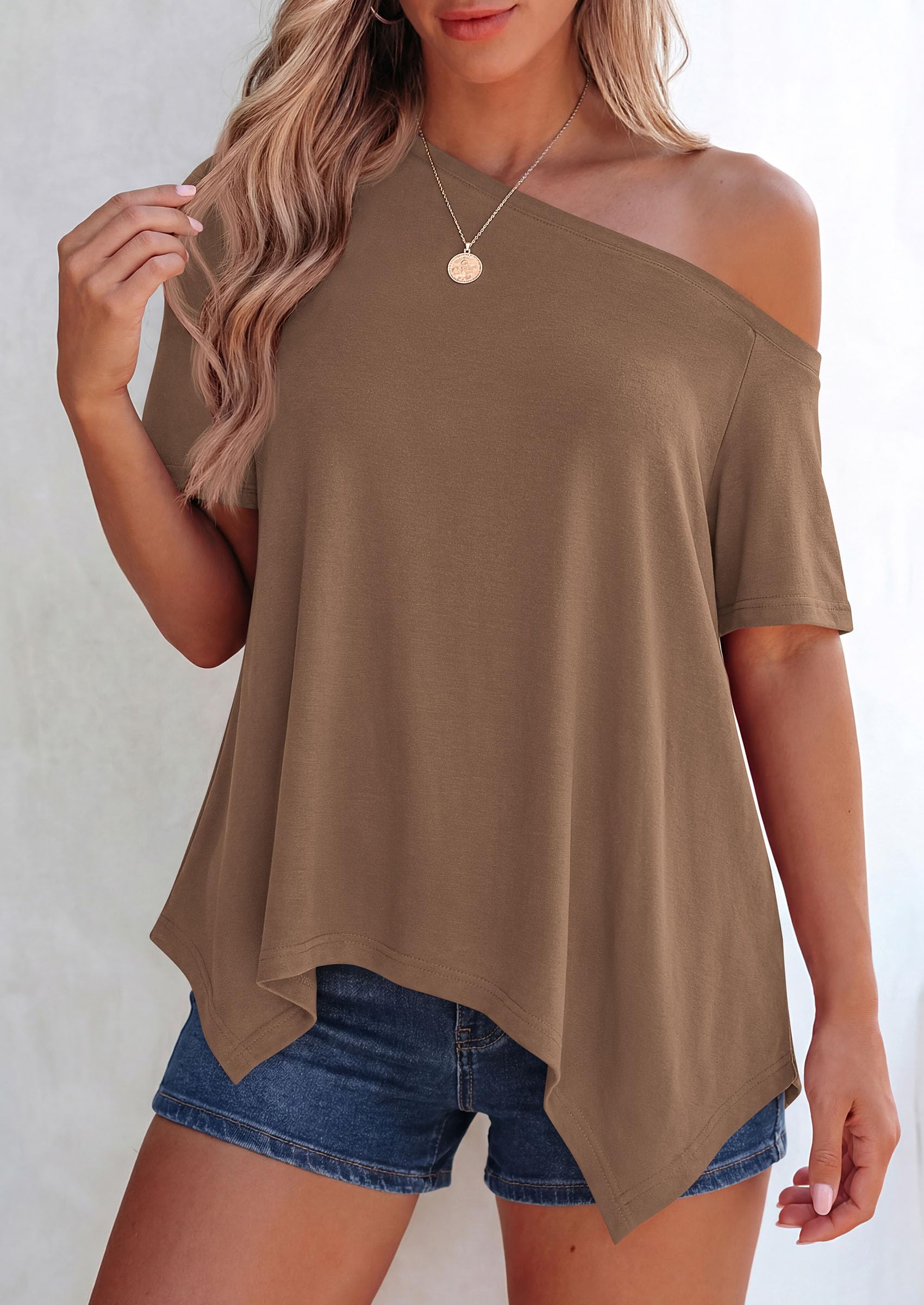 Off Shoulder Tops for Women Oversized Tshirts, Dark Khaki,S