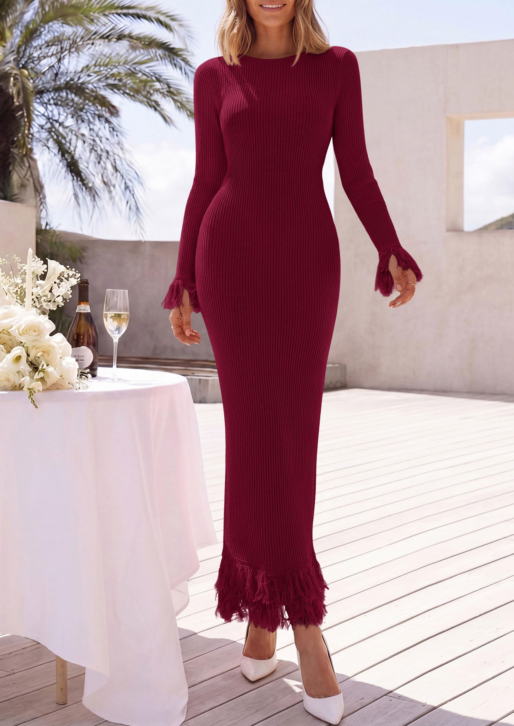 Womens Long Sleeve Bodycon Sweater Dress,Wine Red,Small