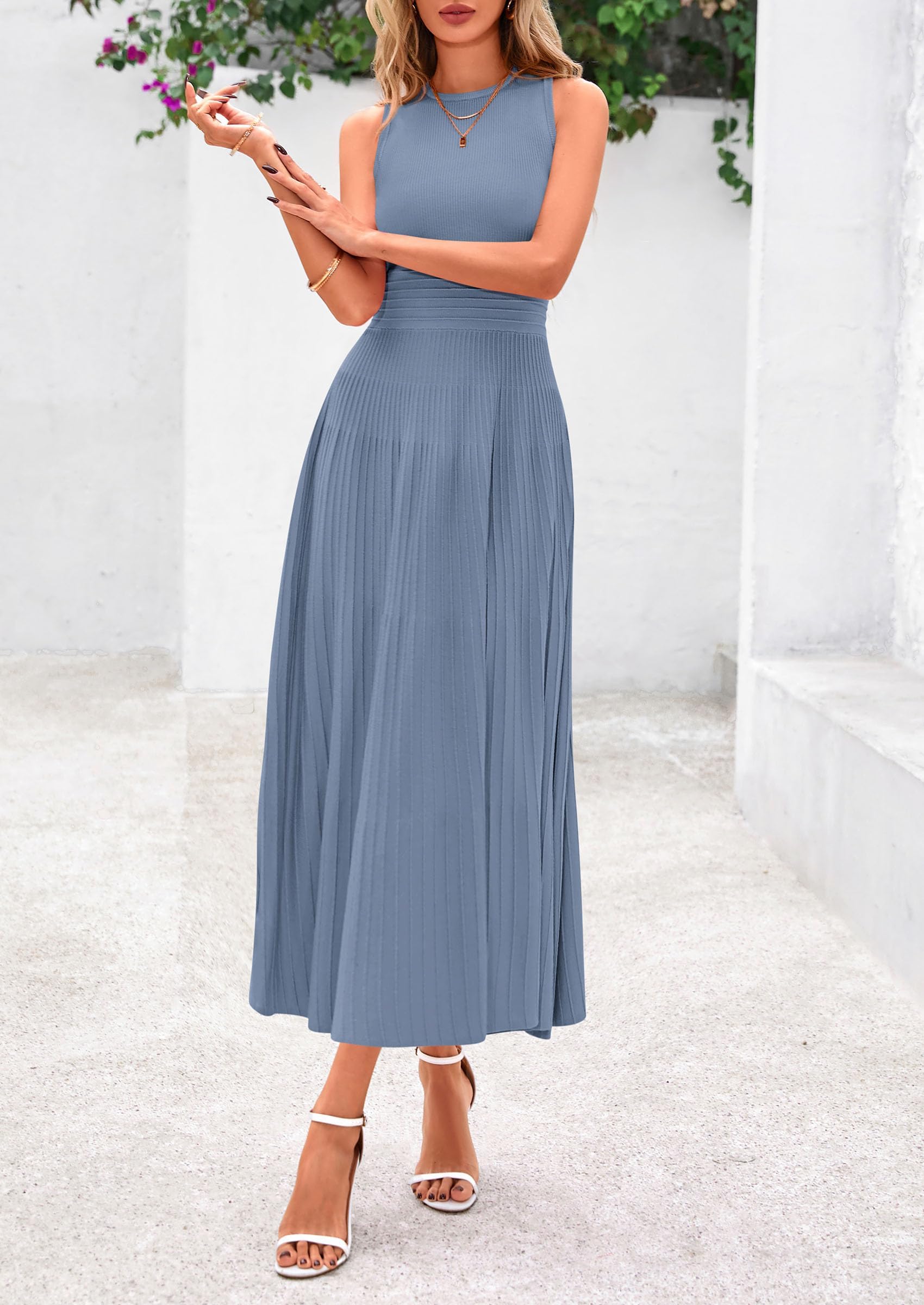 Women's Summer Pleated Midi Work Dress,Blue Grey,S