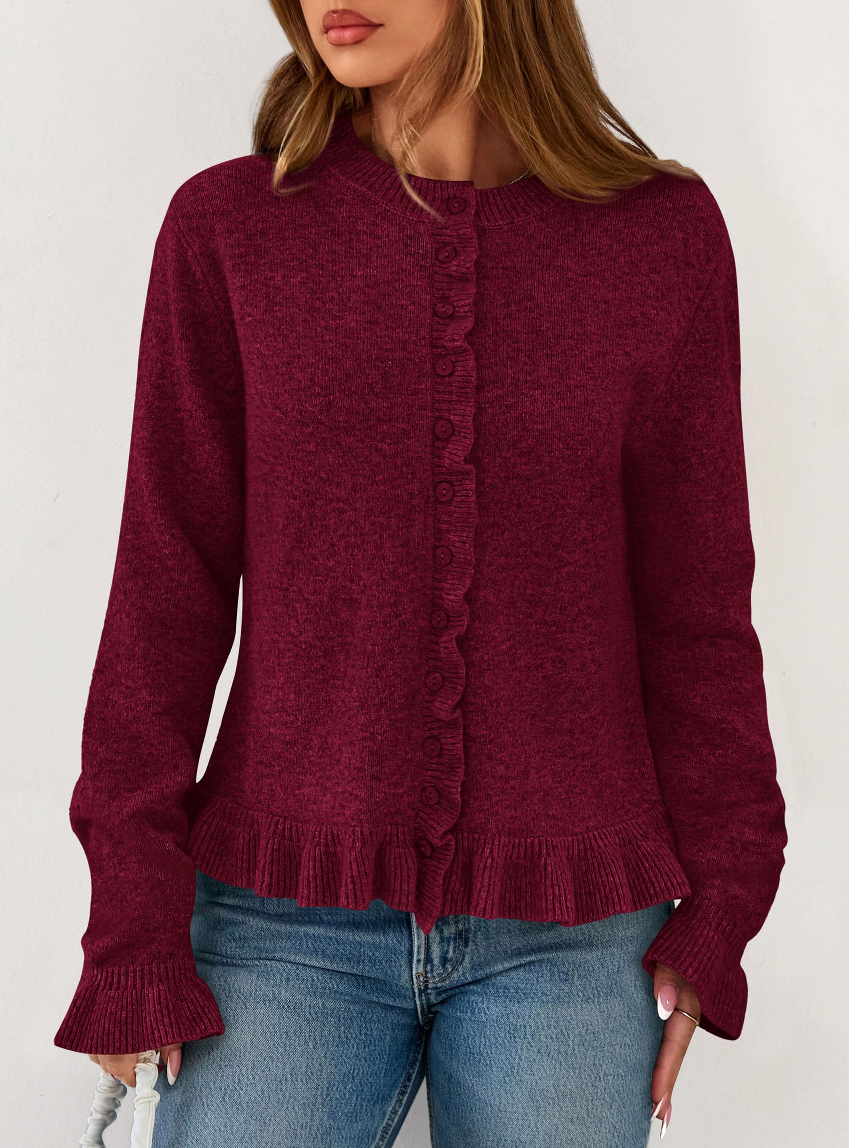 Womens Ruffle Button Down Cardigan Sweaters,Wine Red,S