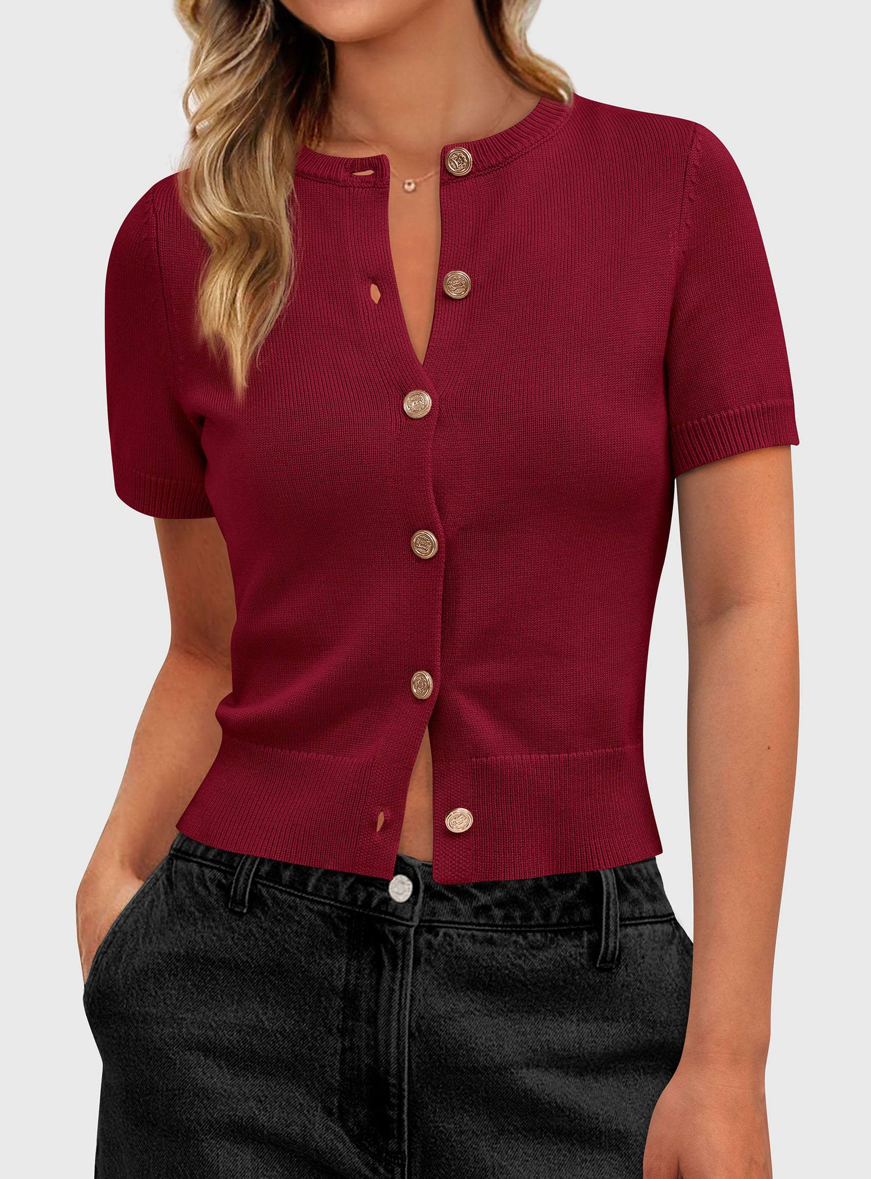 Womens Summer Cardigan Short Sleeve Sweater,Wine Red,S