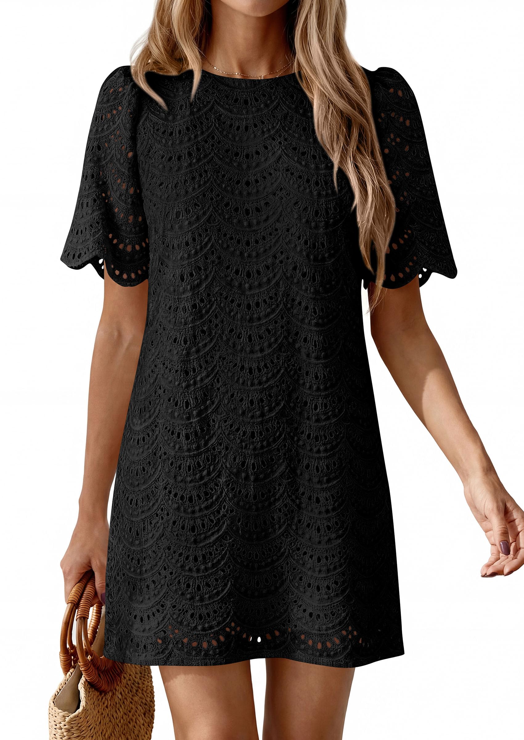 Women's Summer Eyelet Lace Short Dress (Black,S)