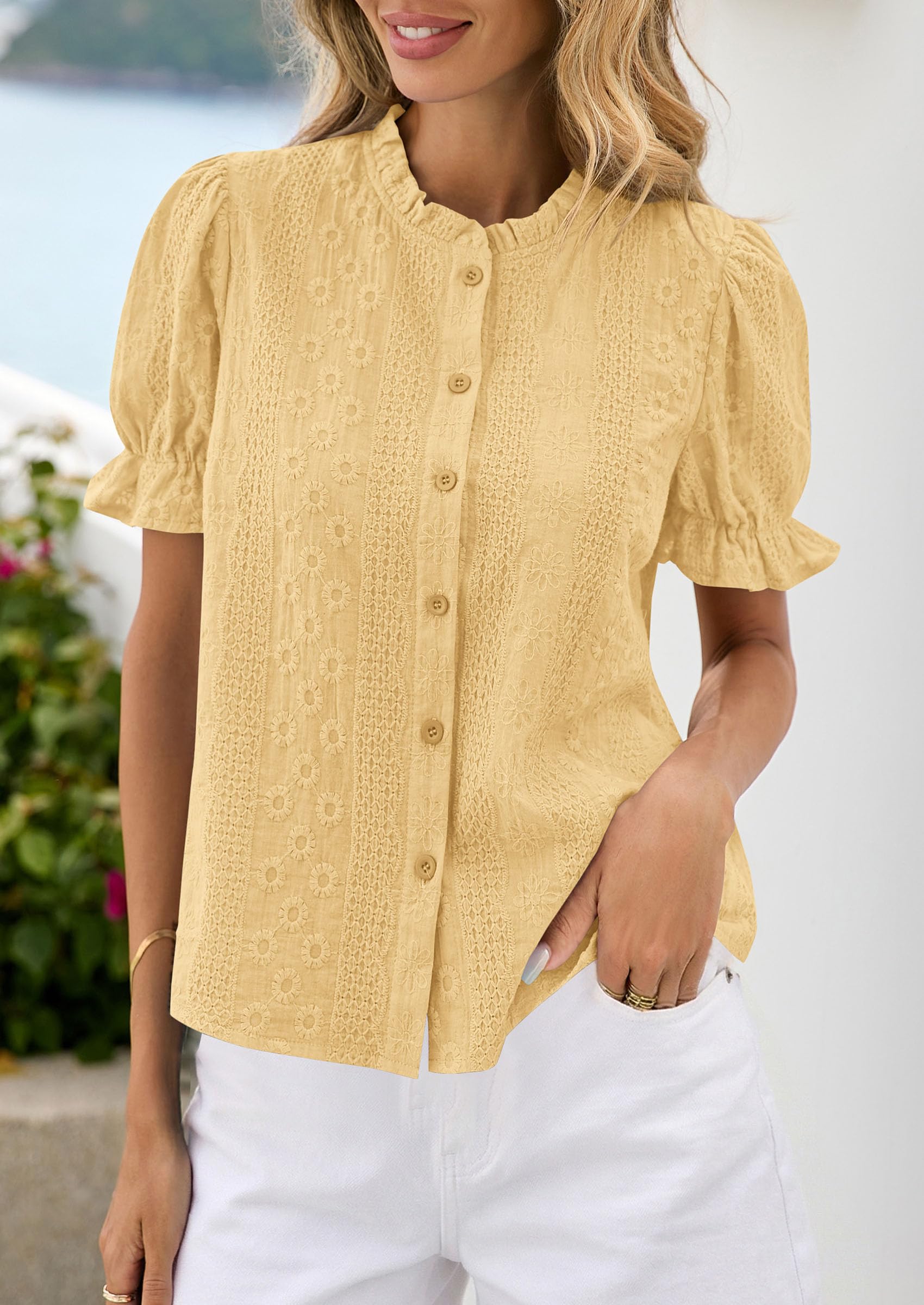 Womens Embroidered Puff Short Sleeve Tops,Yellow,S
