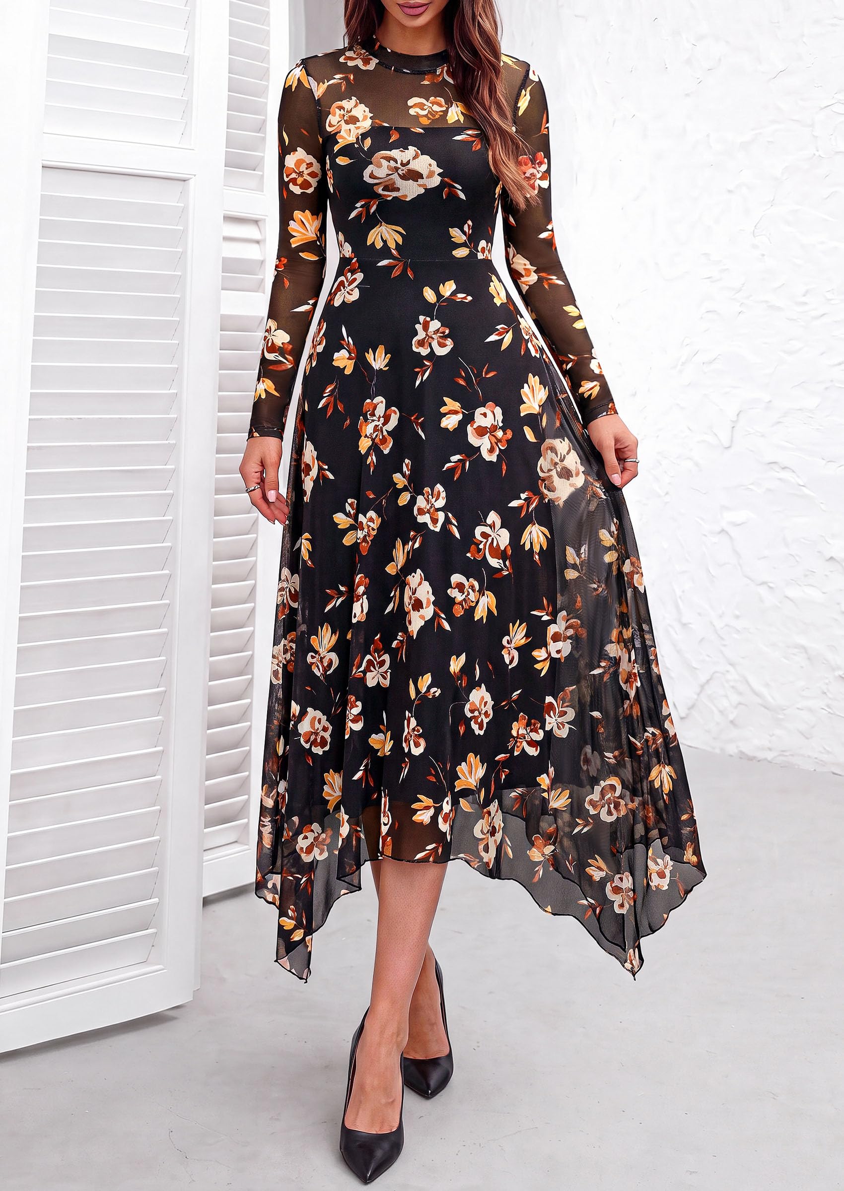 Women's Floral Mesh Midi Dress,Floral Black Yellow White,S