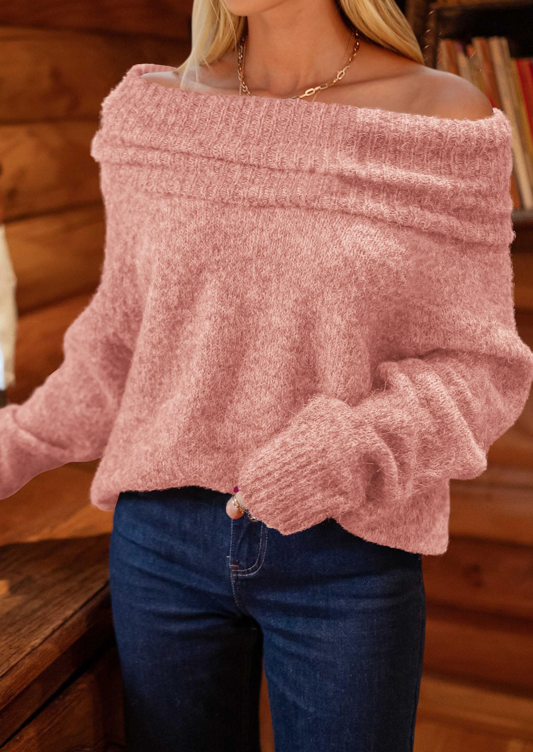 Women's Fall Off The Shoulder Sweater,Pink,S