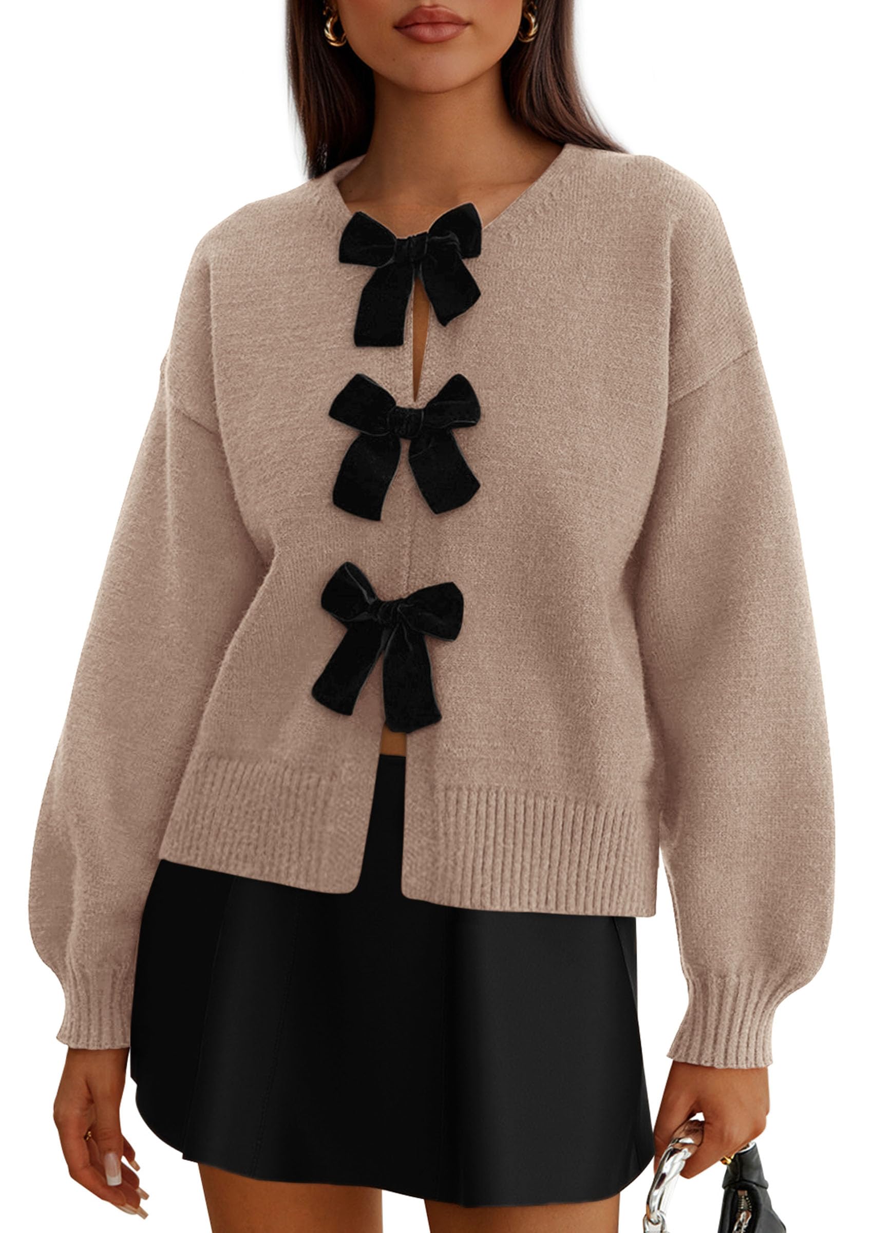 Women's Fall Bow Tie Front Cardigan Sweaters,Khaki,S