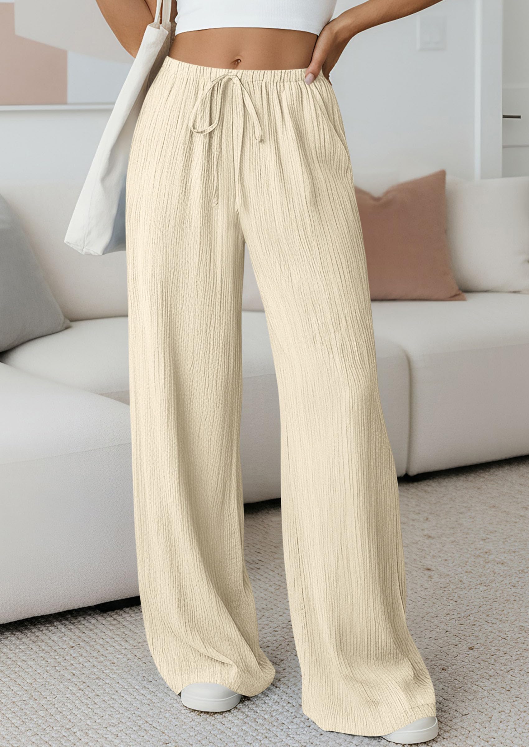 Women's Palazzo Pants Casual Wide Leg Trousers,Beige,S