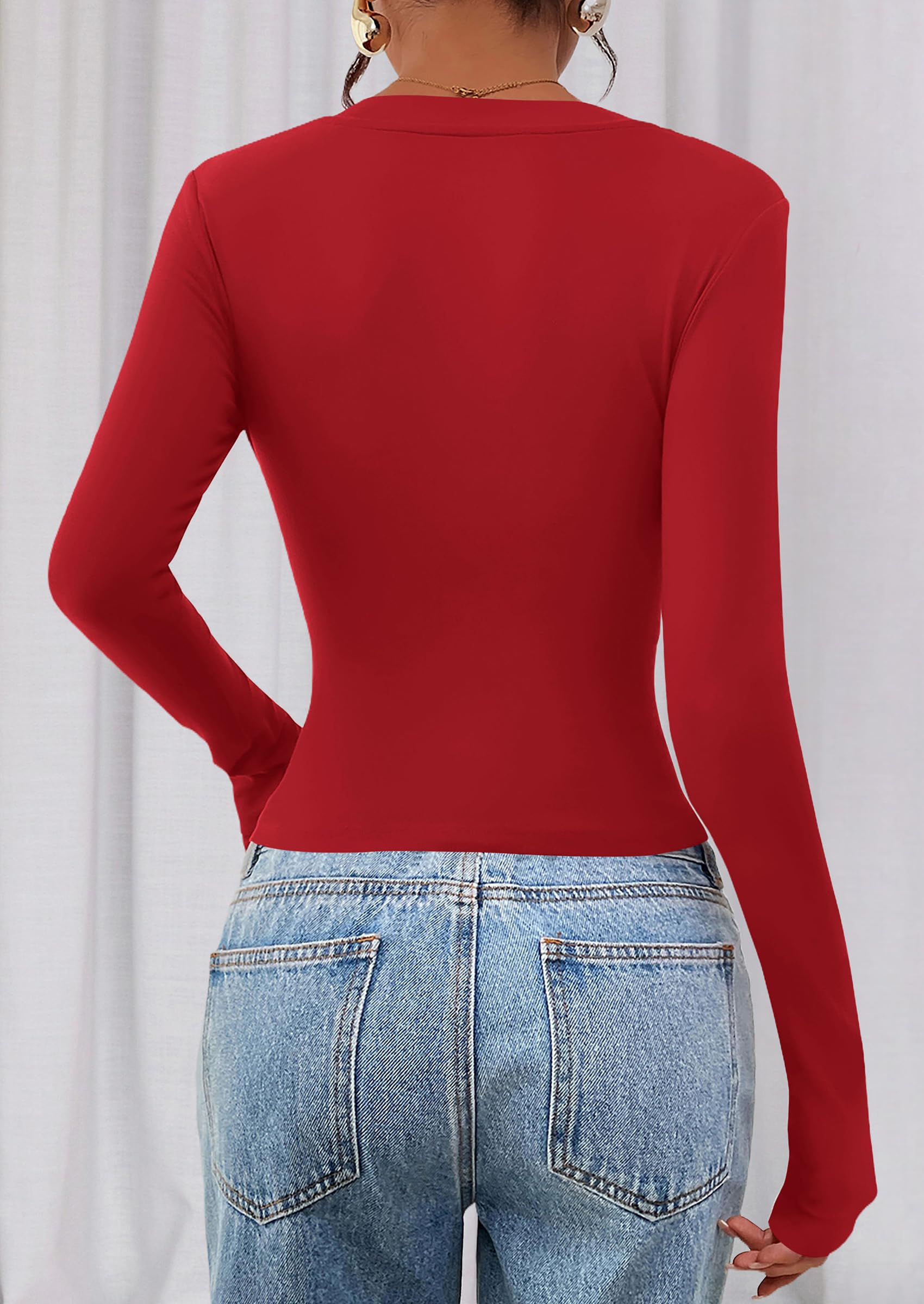 Womens Long Sleeve Slim Fit Crop Tops,Red,XS