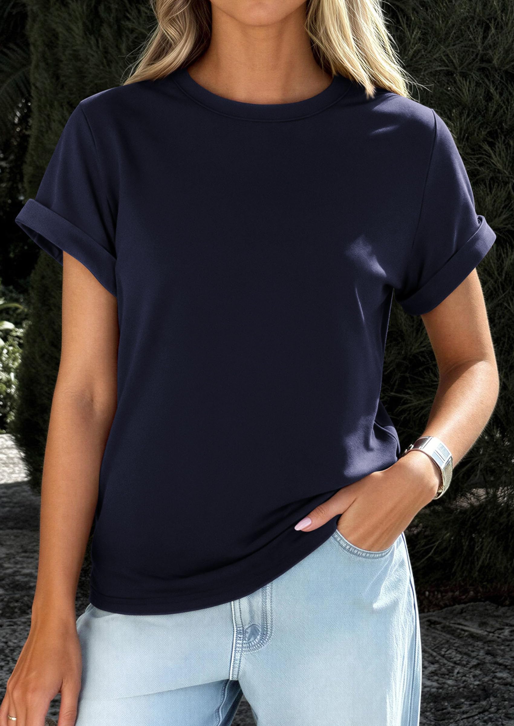 Womens Summer Tops Short Sleeve Shirts,Navy Blue,S