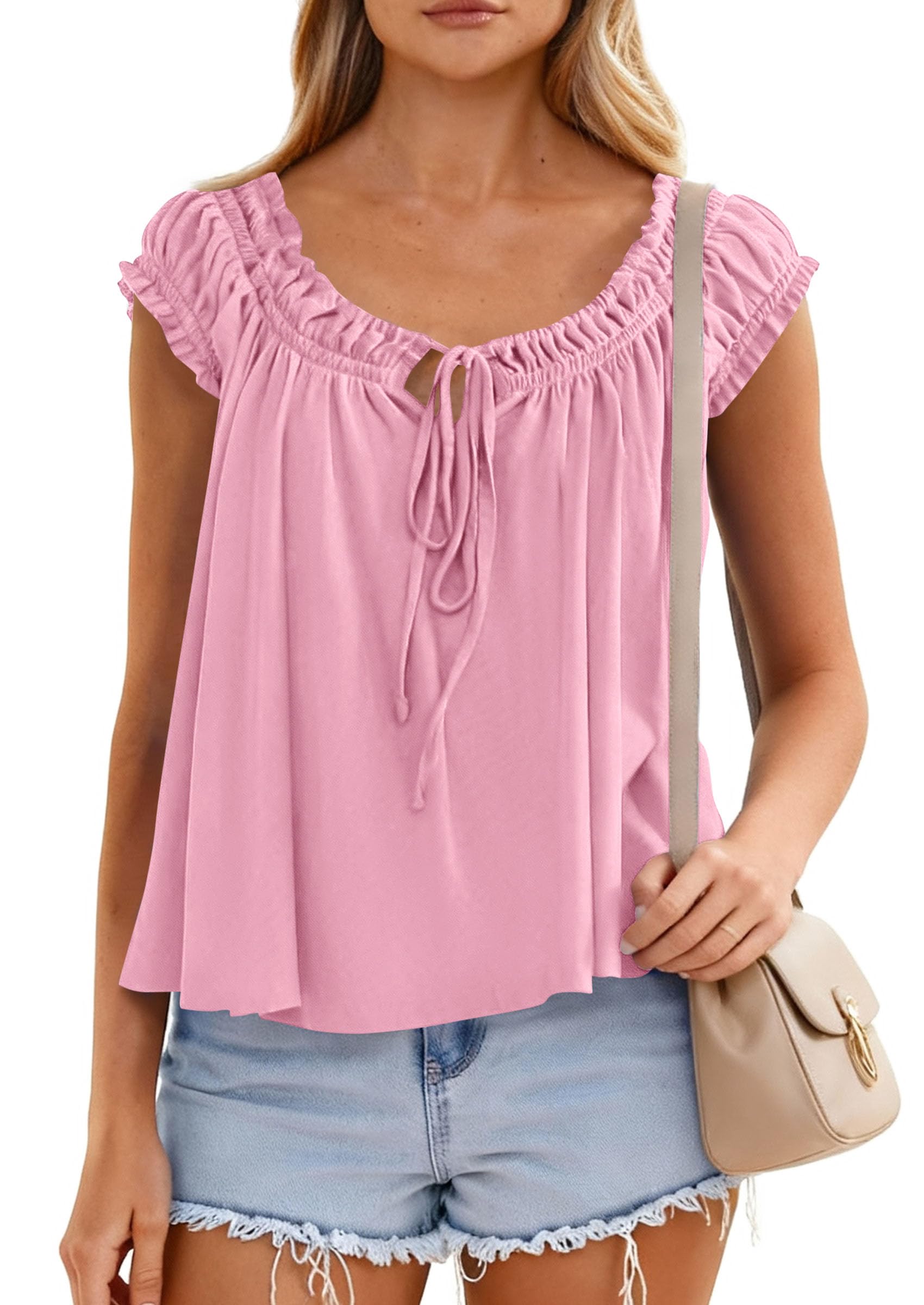 Womens Summer Tank Tops Babydoll Peplum Blouses,Pink,XS