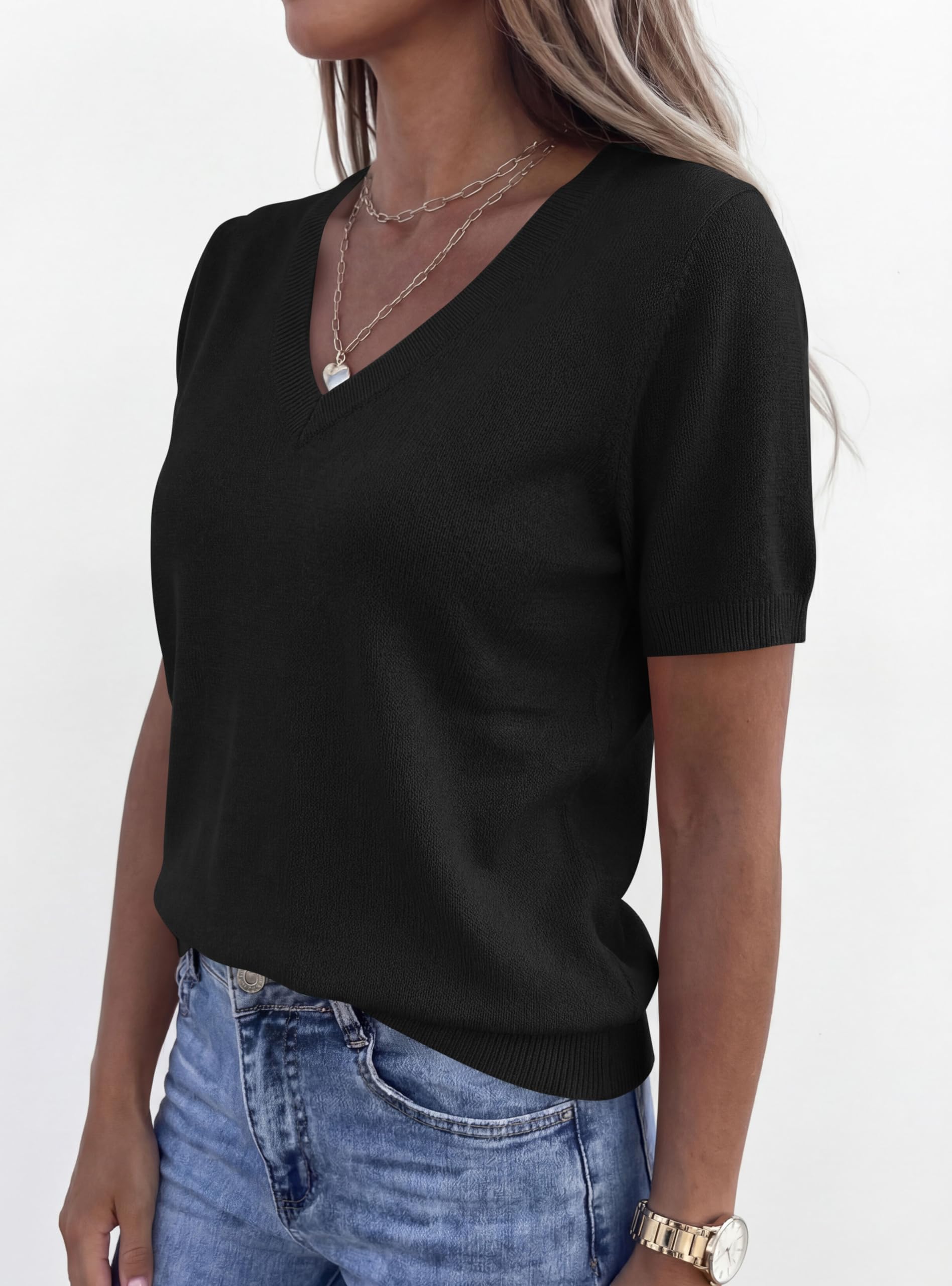 Womens Short Sleeve Sweater V Neck Tops,Black,S
