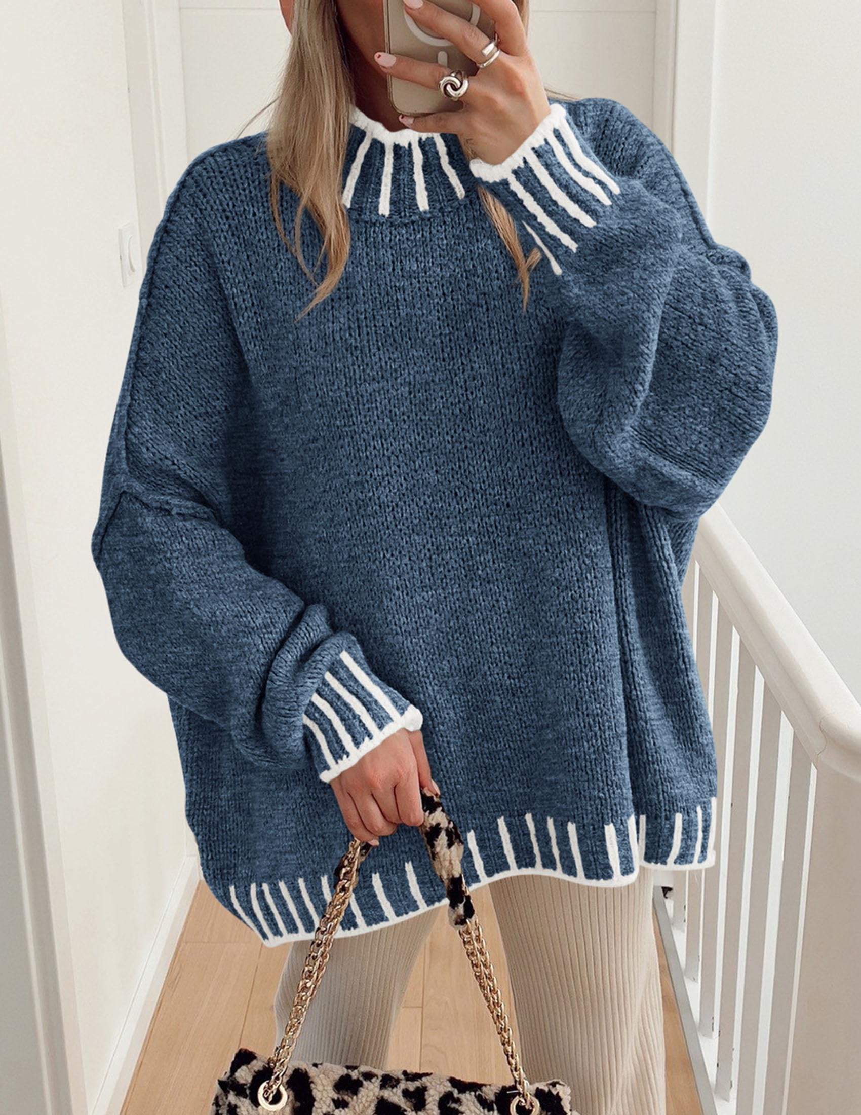 Women's Mock Neck Oversized Pullover Sweaters,Grey Blue,XS