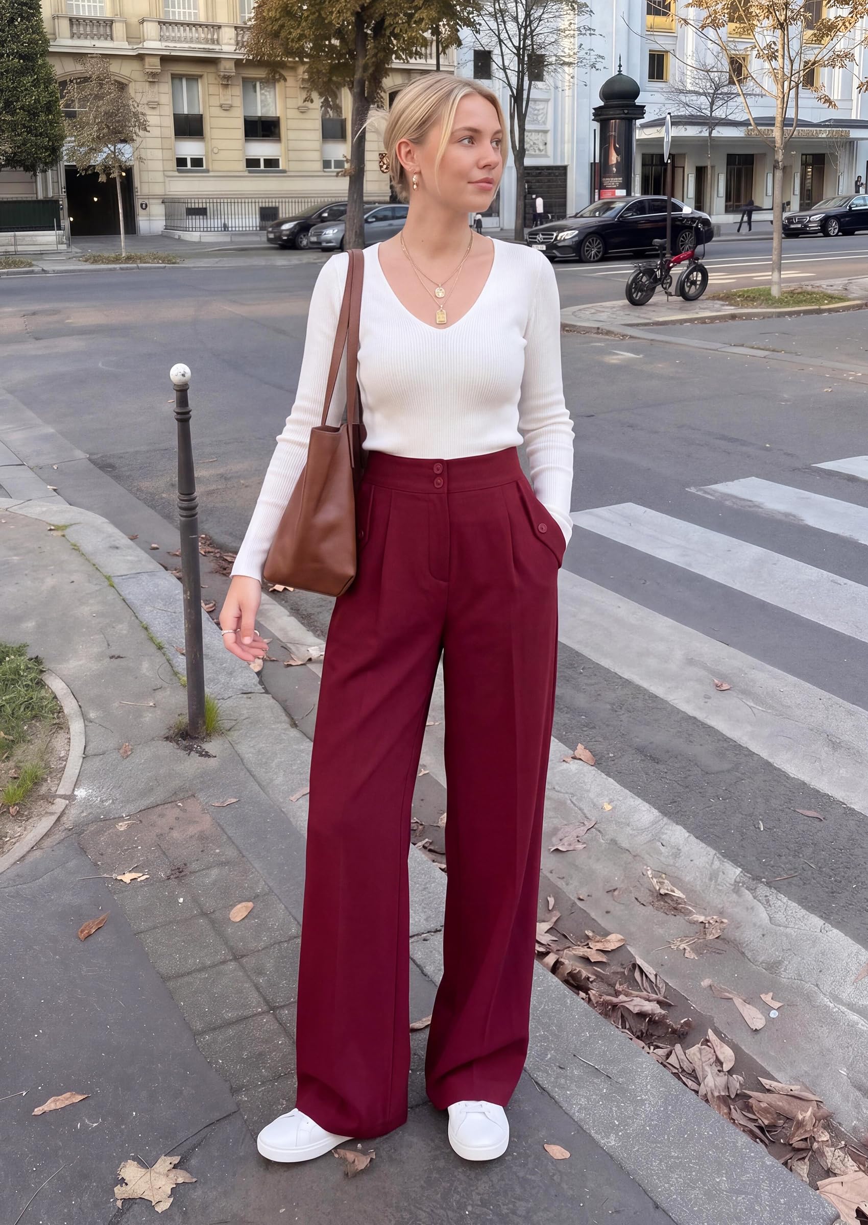 Women's Wide Leg Work Dress Pants Trousers (Burgundy,S)