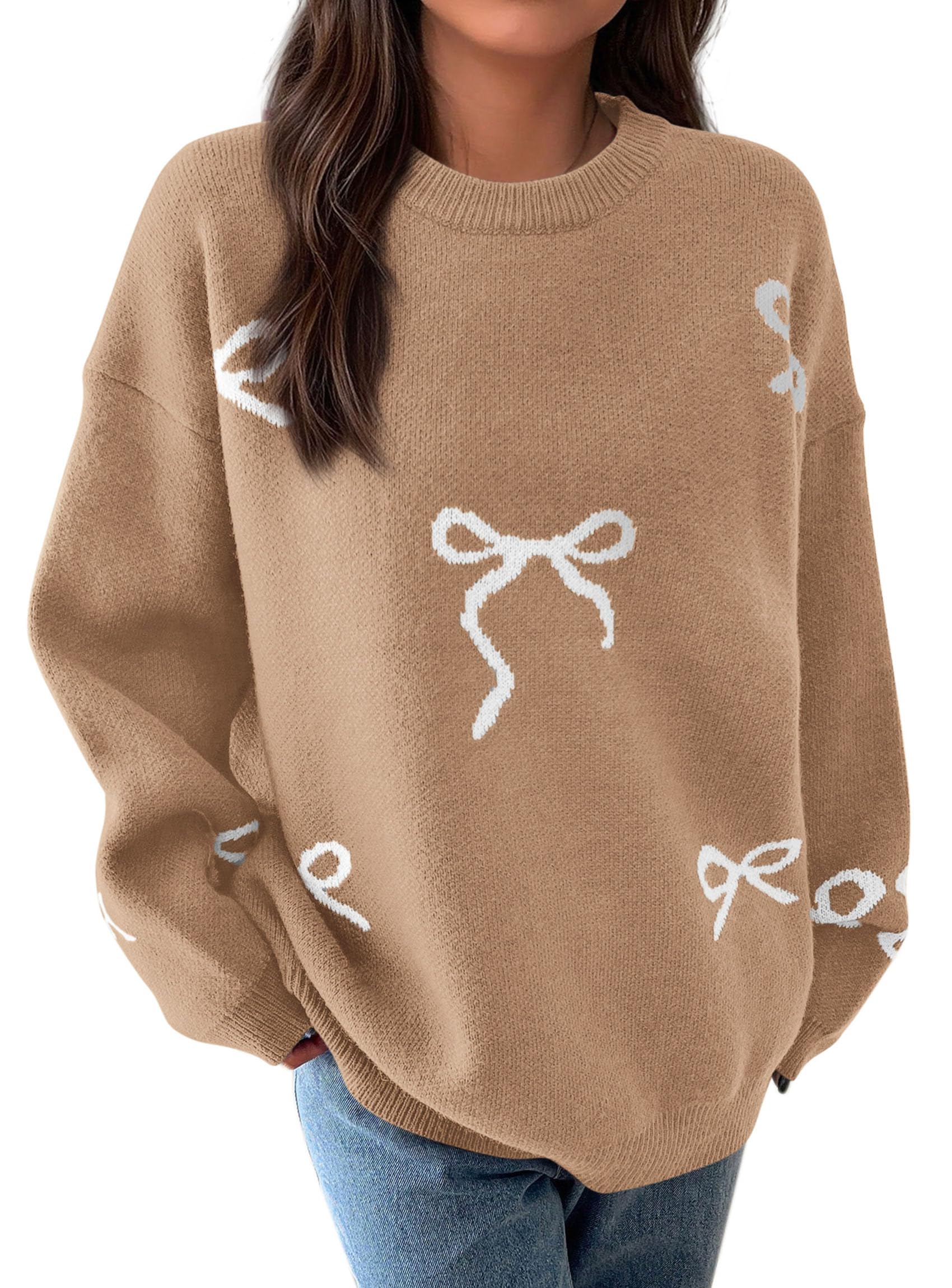 Fall Long Sleeve Pullover Sweaters for Women 2026 Trendy Crewneck Casual Cute Bow Chunky Knit Oversized Sweater (Camel,Small)