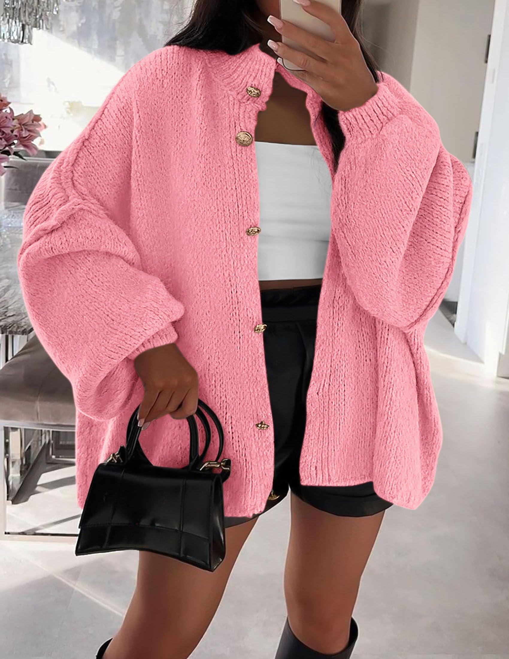 Women's Oversized Chunky Cardigan Sweaters(Pink,Small)
