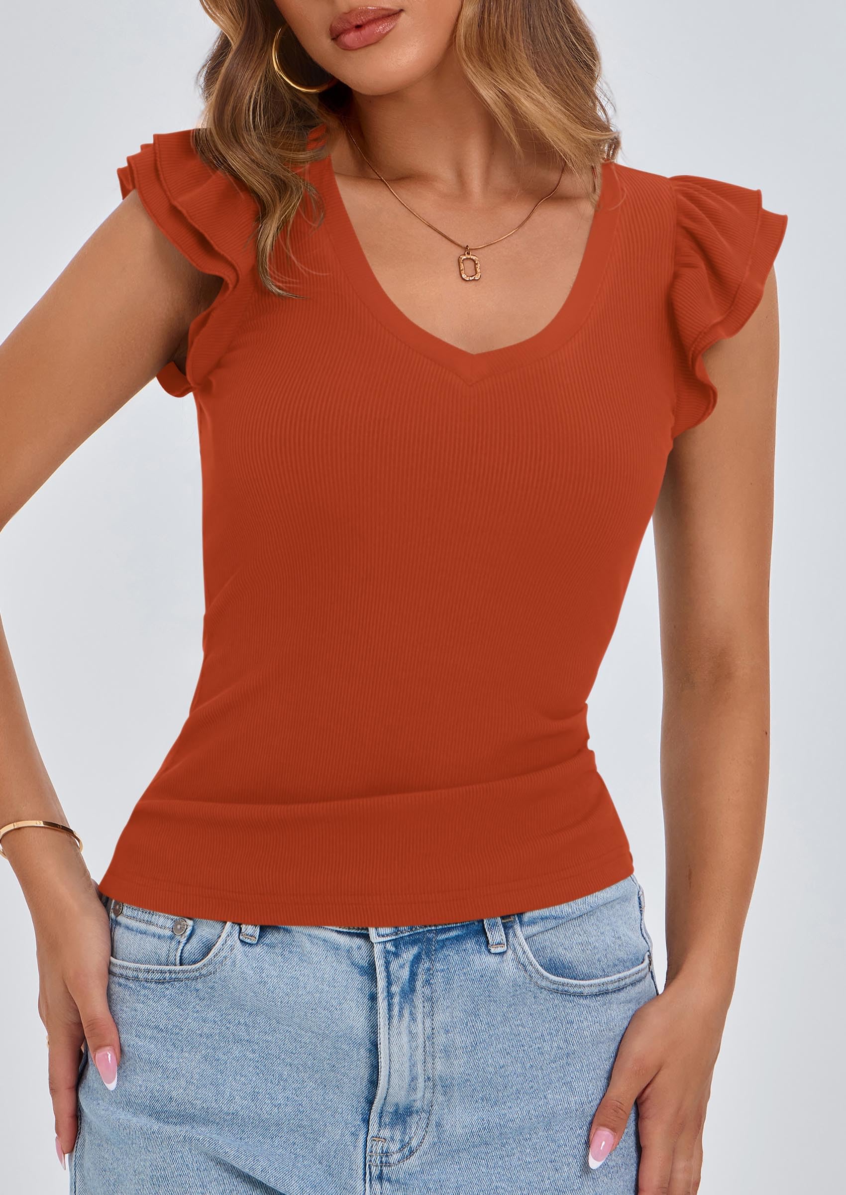 Womens Sleeveless Slim Fit T Shirts,Rust Red,S