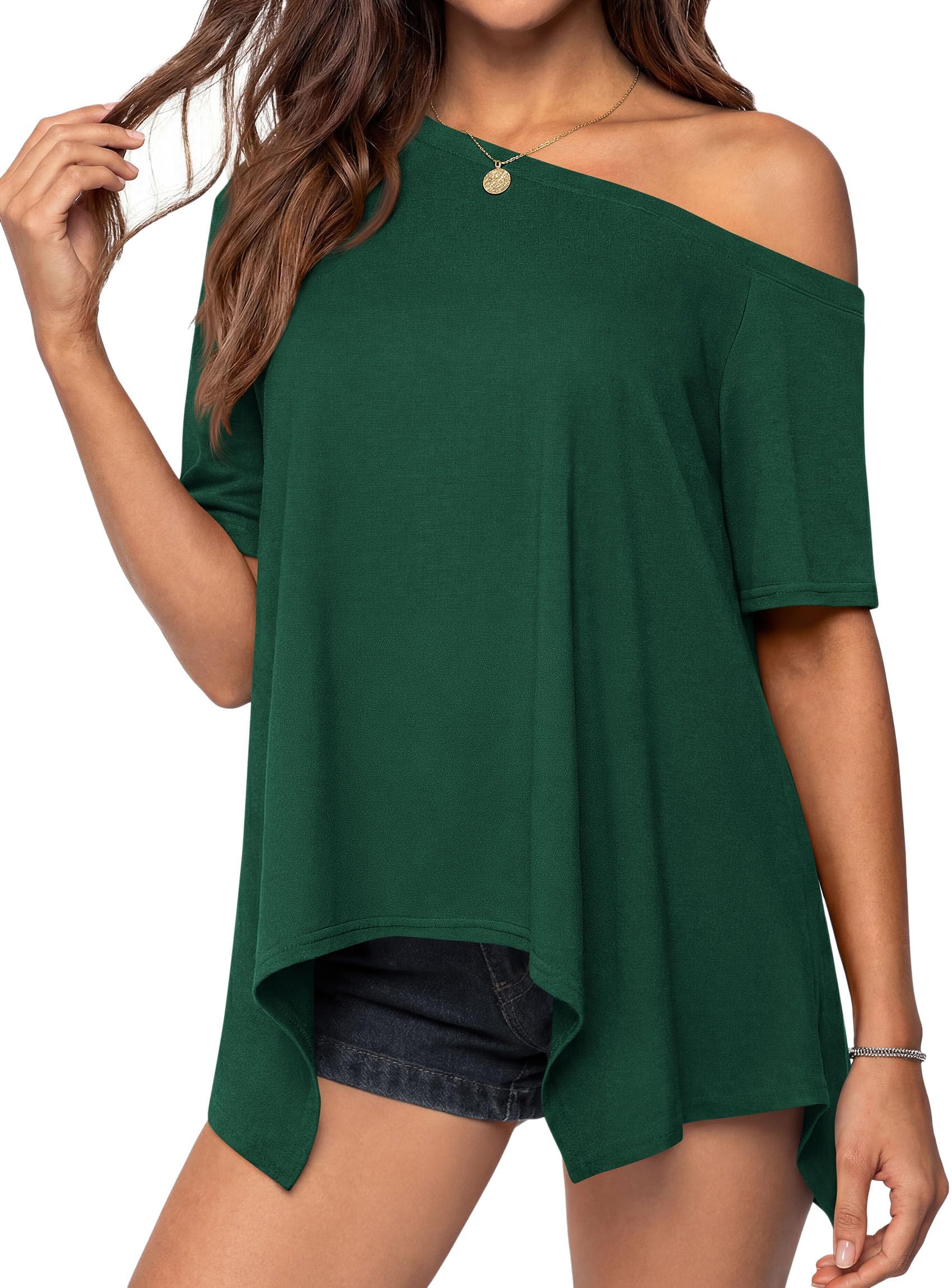Off Shoulder Tops for Women Oversized Tshirts, Dark Green,S