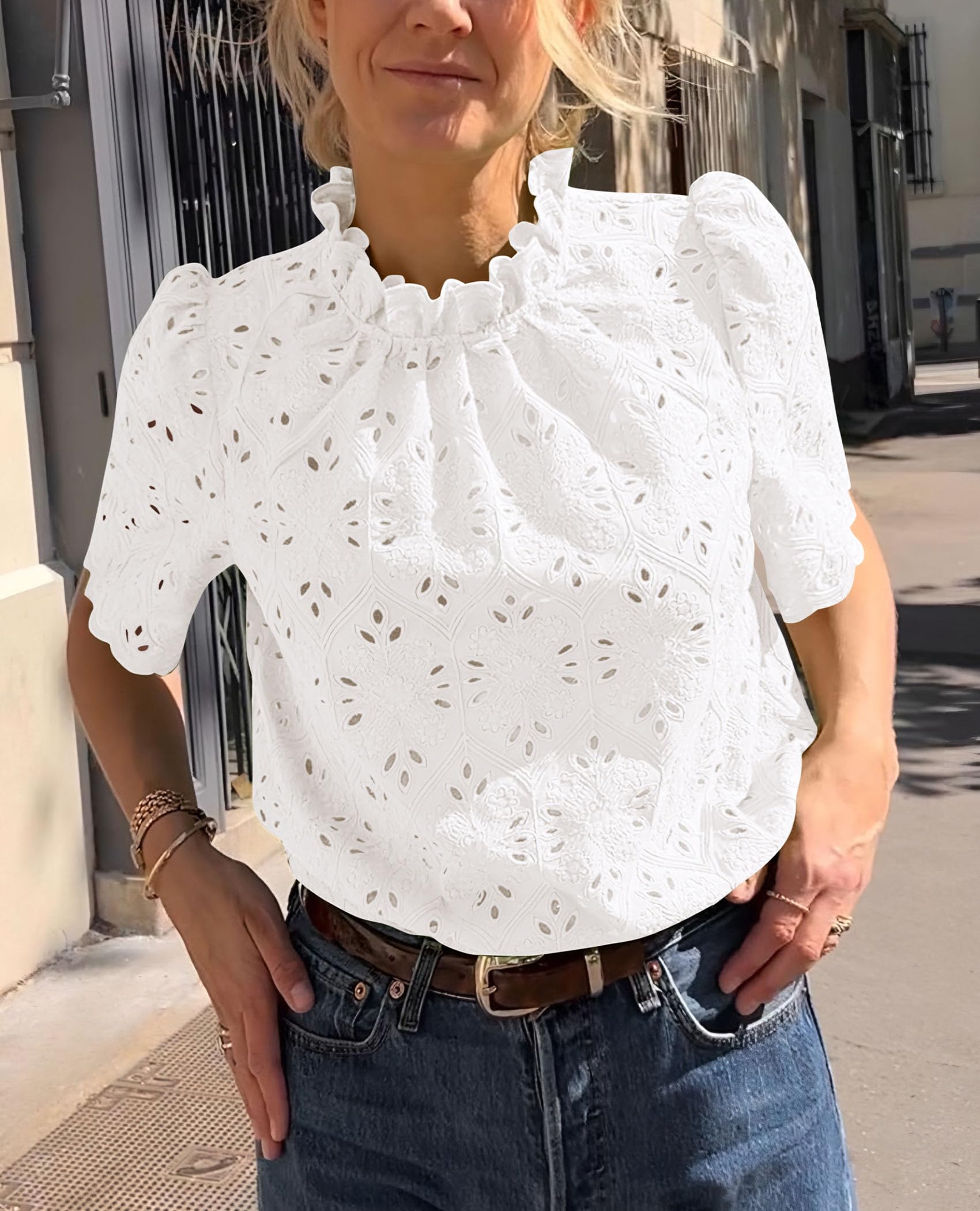 Women Summer Tops Eyelet Embroidered Shirts,White,XS