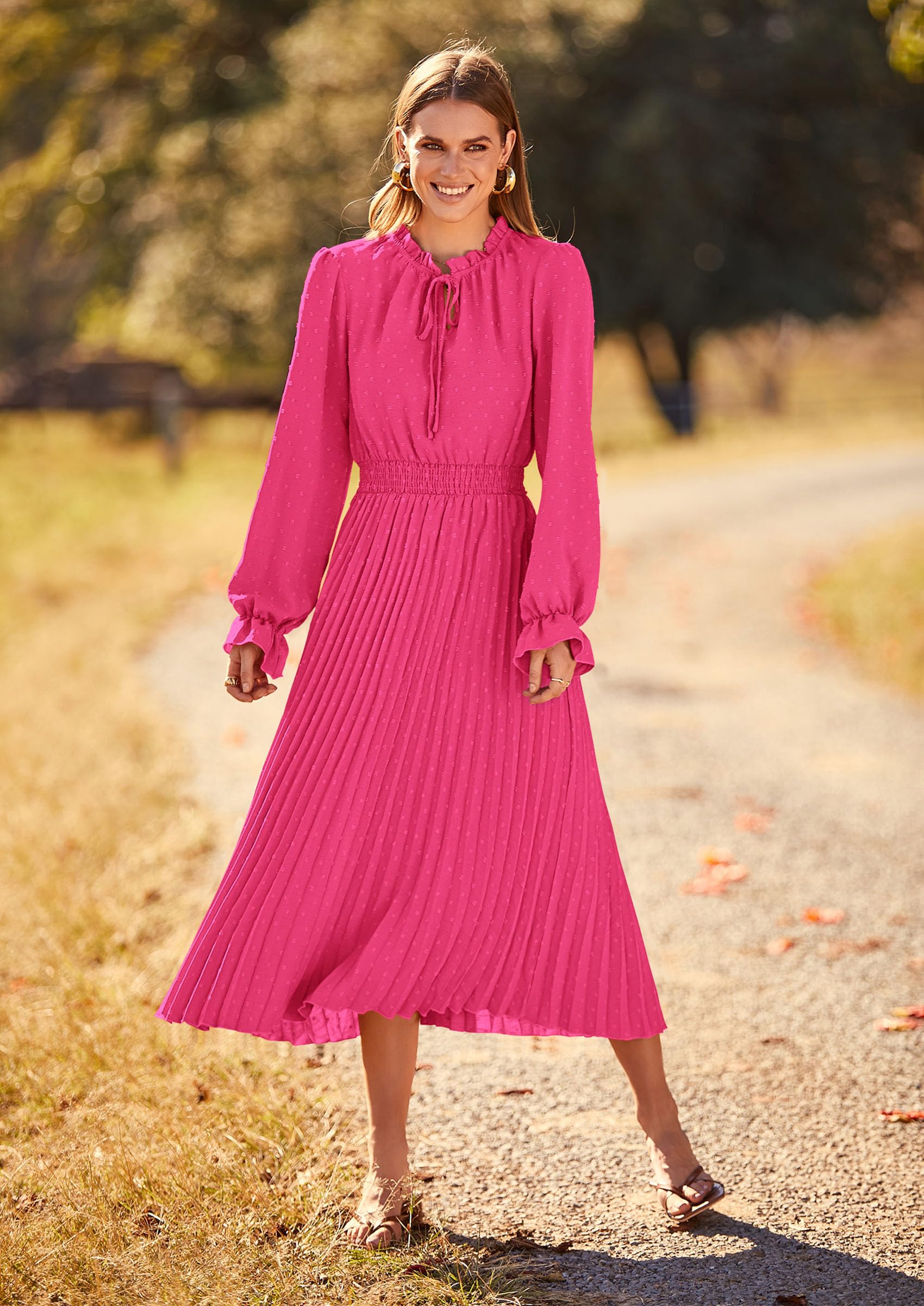 Women's Fall Midi Wedding Guest Dress(Rose Pink,XX-Large)