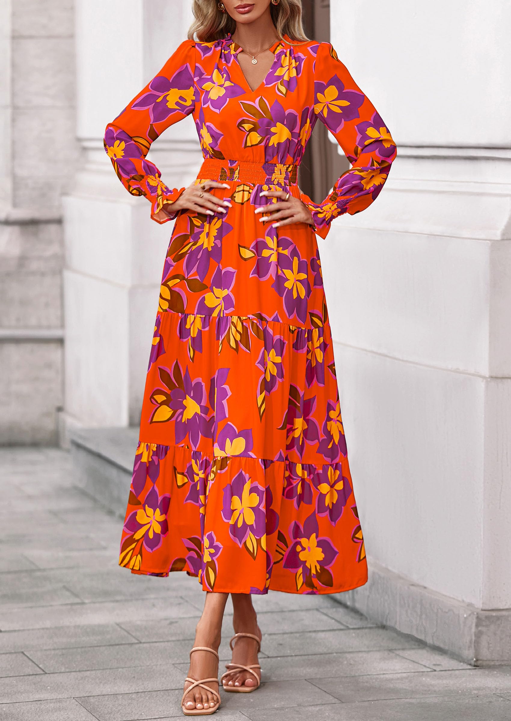 Women's Floral Maxi Dress Fall A Line Wedding Guest Dresses