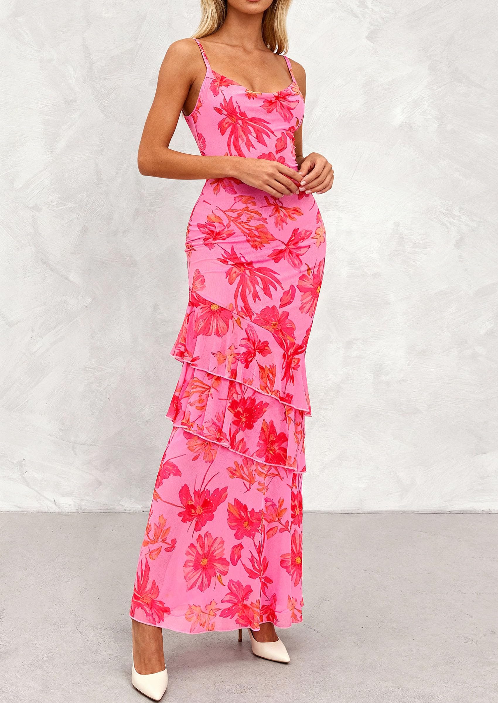 Women's Boho Floral Tiered Maxi Dress, Pink Orange Floral,XS