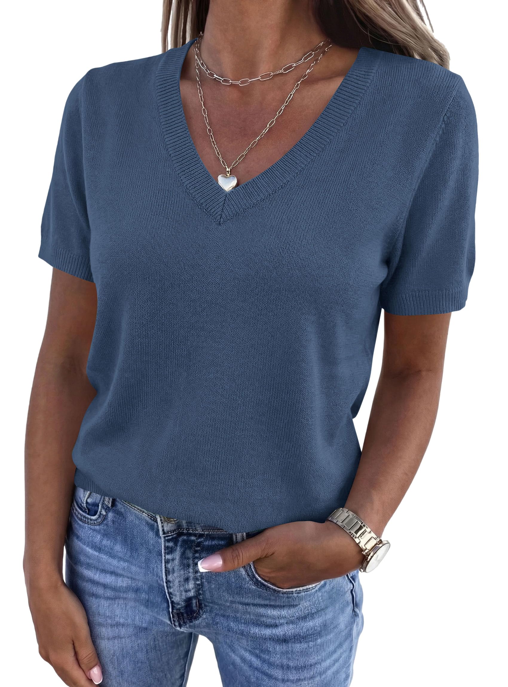 Womens Short Sleeve Sweater V Neck Tops,Grey Blue,S