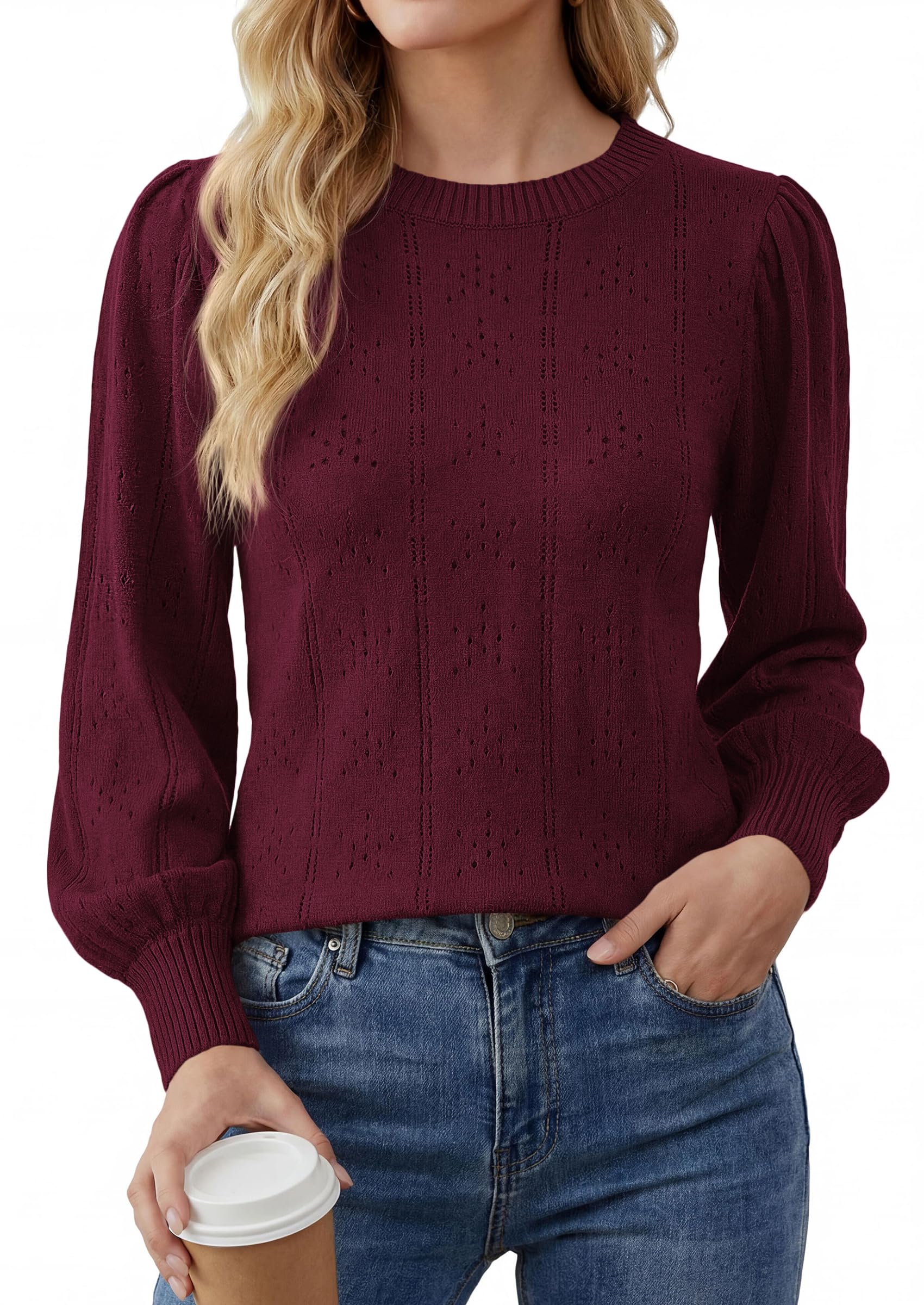Women Fall Fashion Hollow Out Holiday Sweaters Burgundy,S