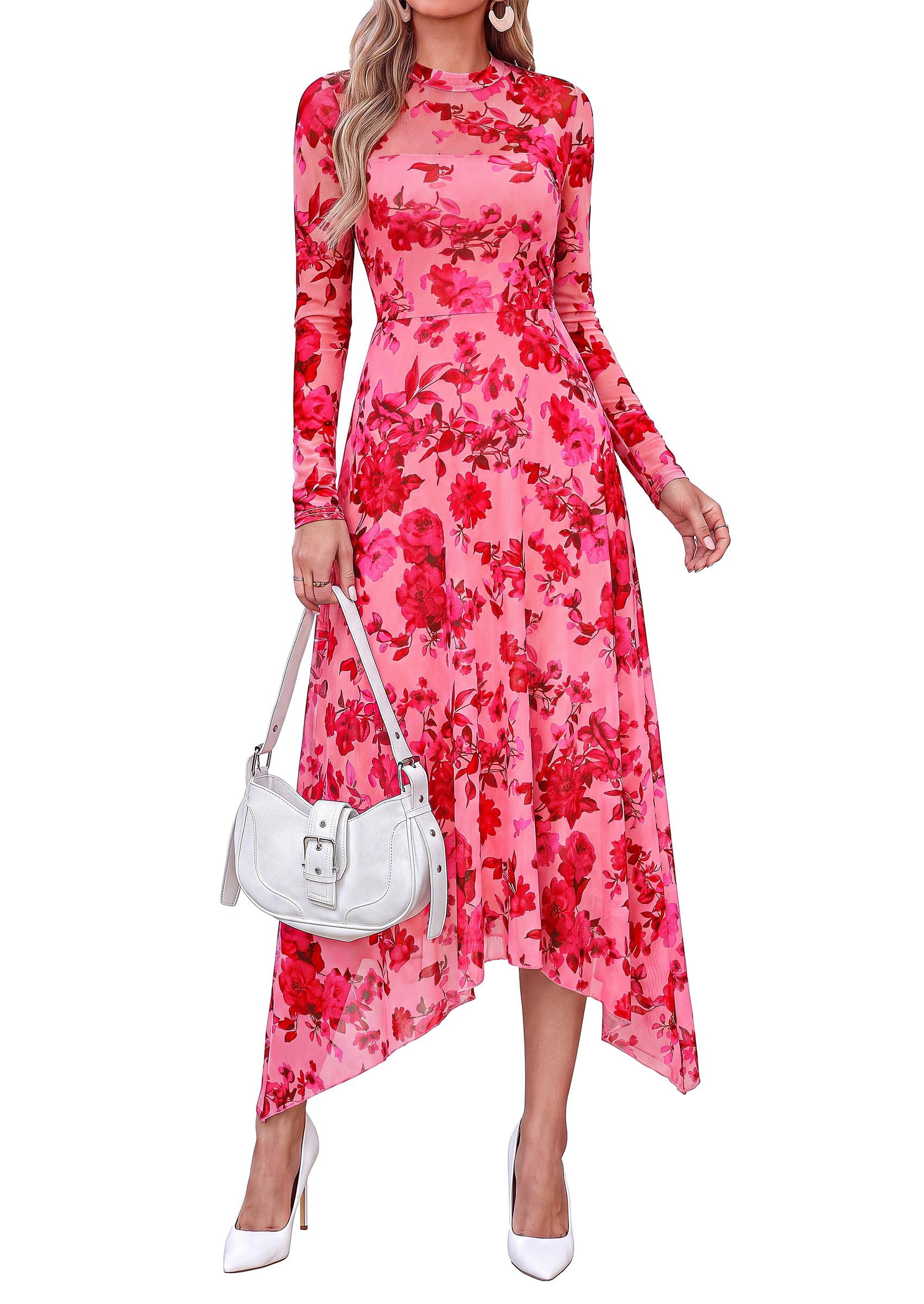 Women's Floral Mesh Midi Dress,Floral Pink Red,S