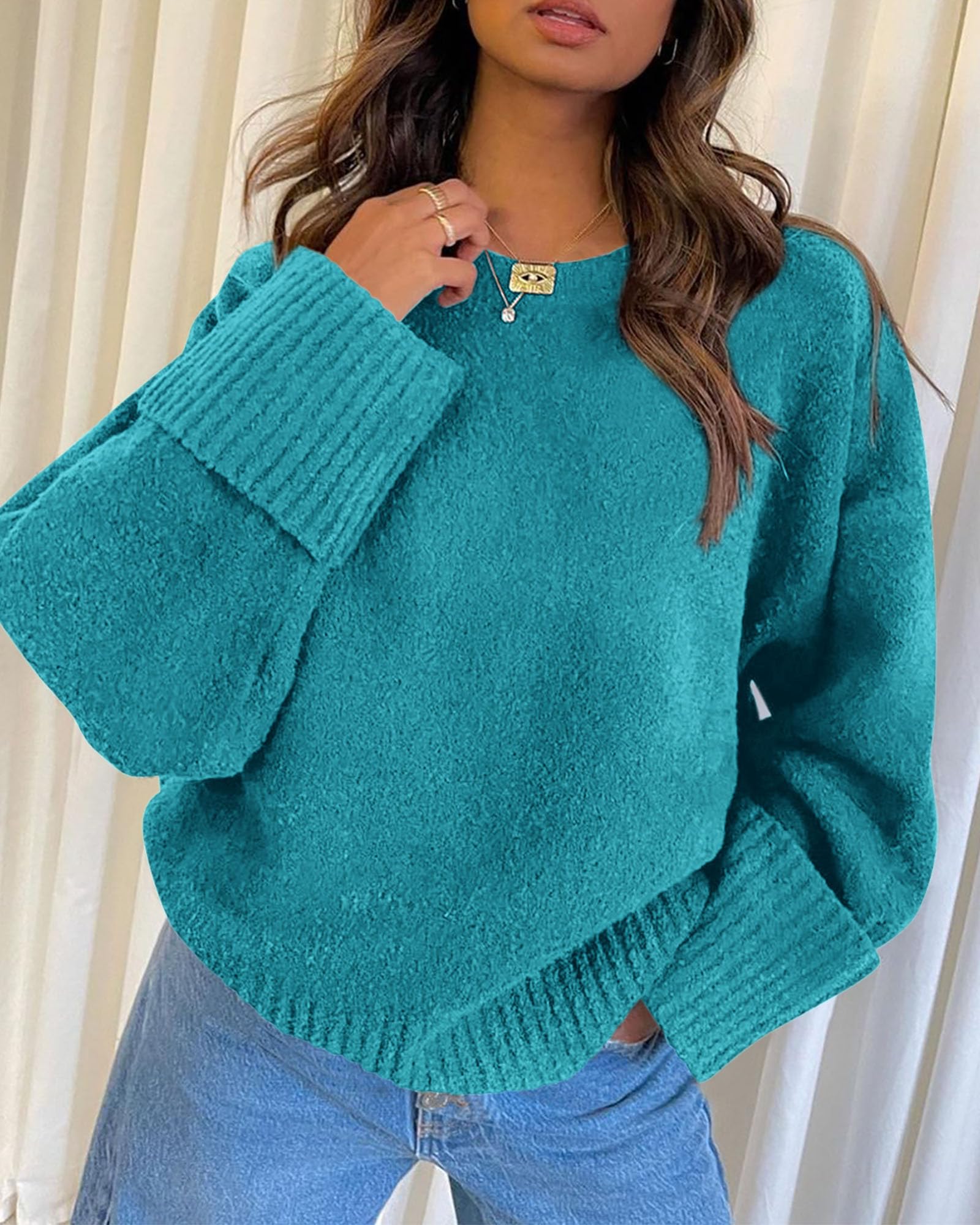 Women's Fall Fashion Cozy Oversized Sweaters(Lake Blue,XS)