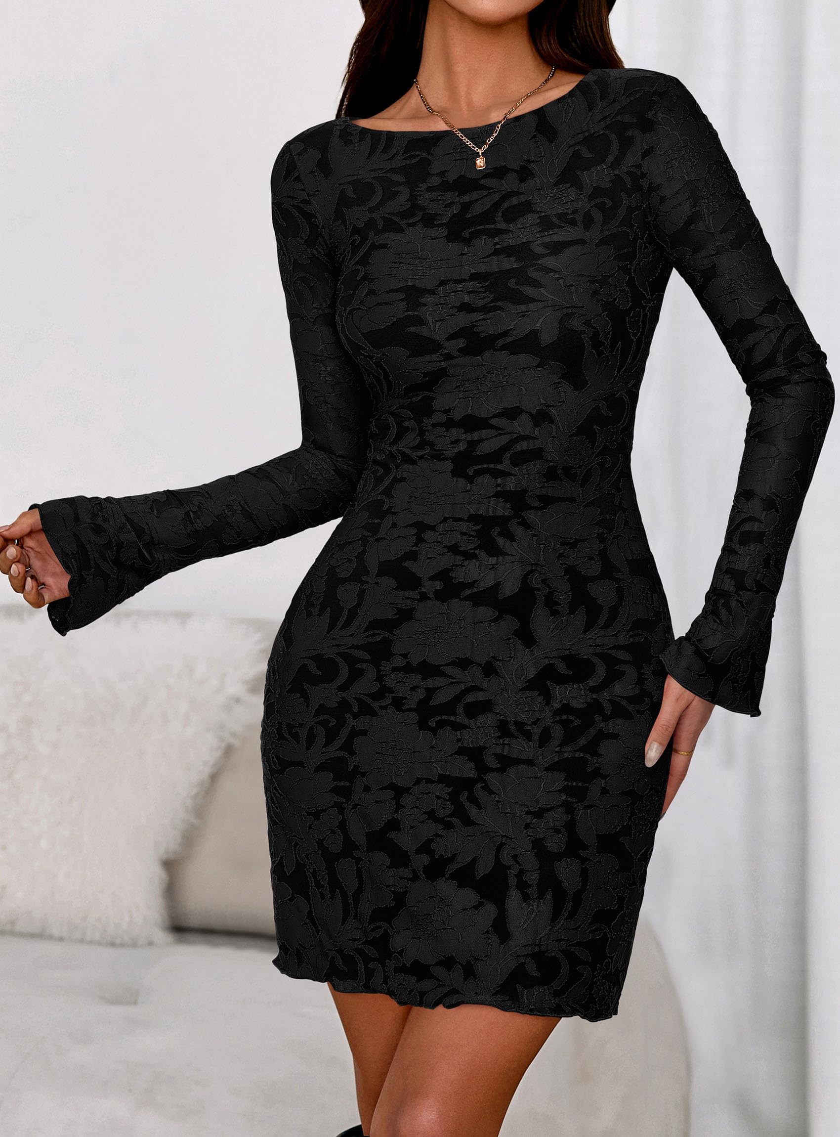 Women's Fall Floral Long Sleeve Mini Dress (Floral Black,XS)