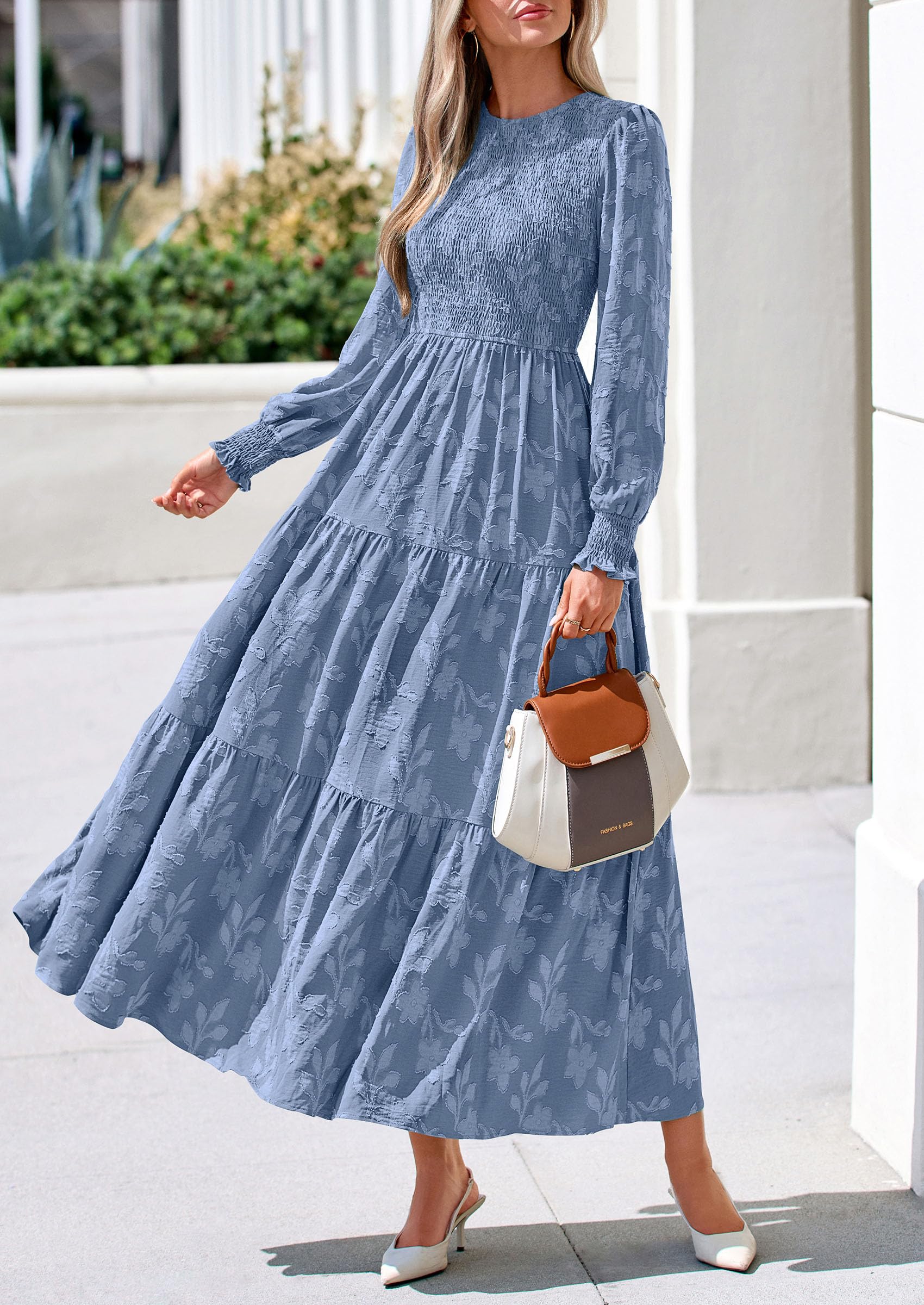 Fall Floral Long Sleeve Wedding Guest Dress for Women Pockets