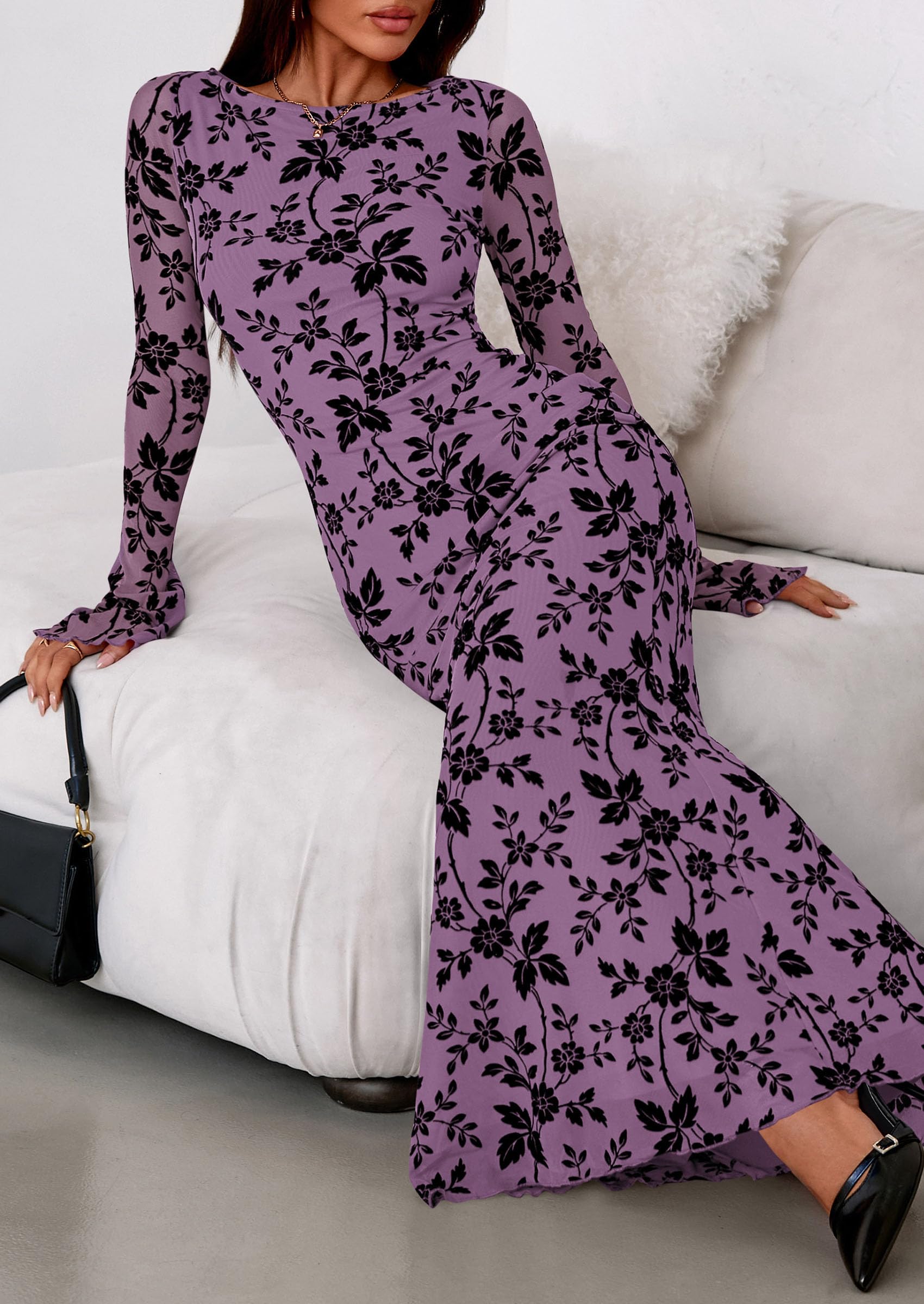 Women's Floral Bodycon Maxi Dress Wedding Guest Dresses Purple