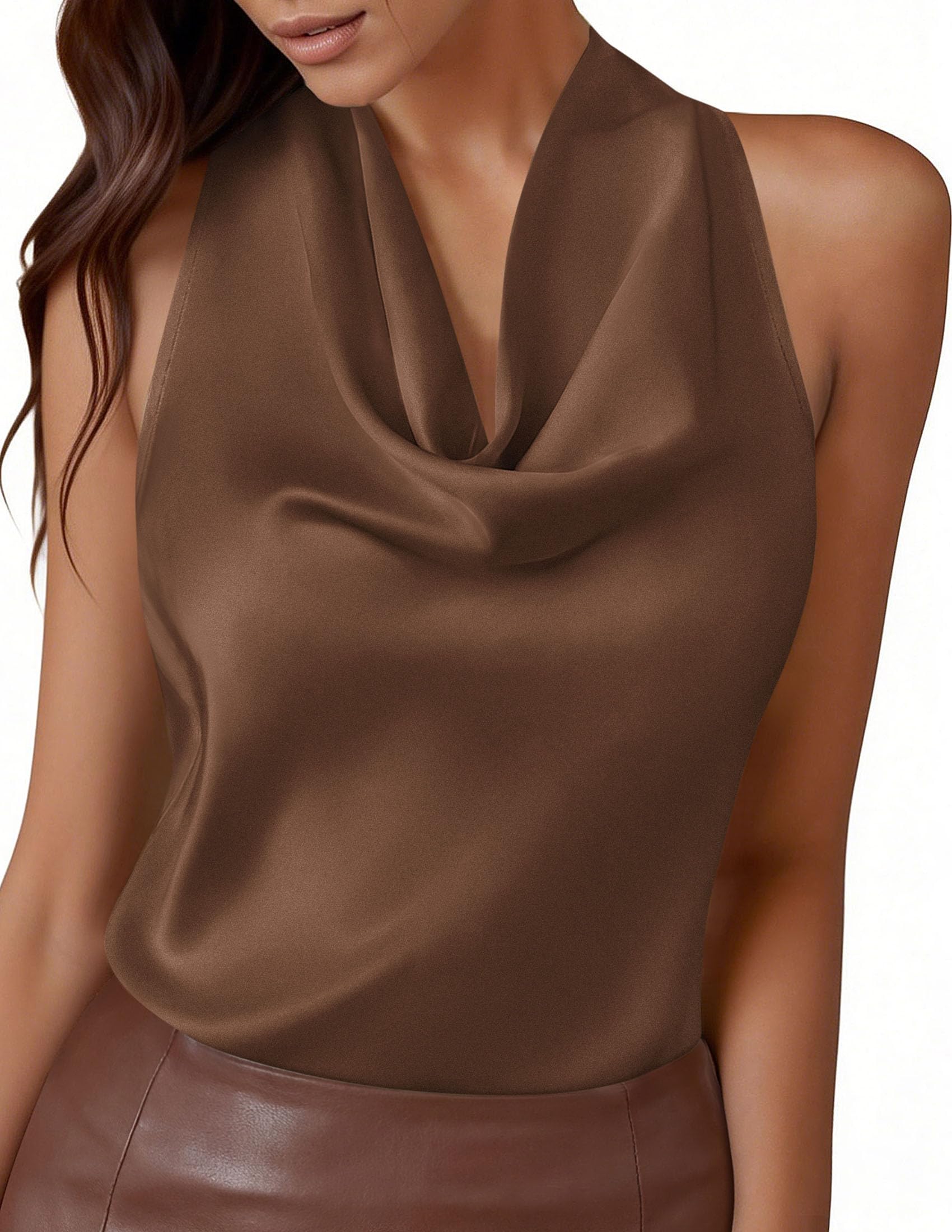 Satin Halter Tops for Women Dressy Casual Brown,XS