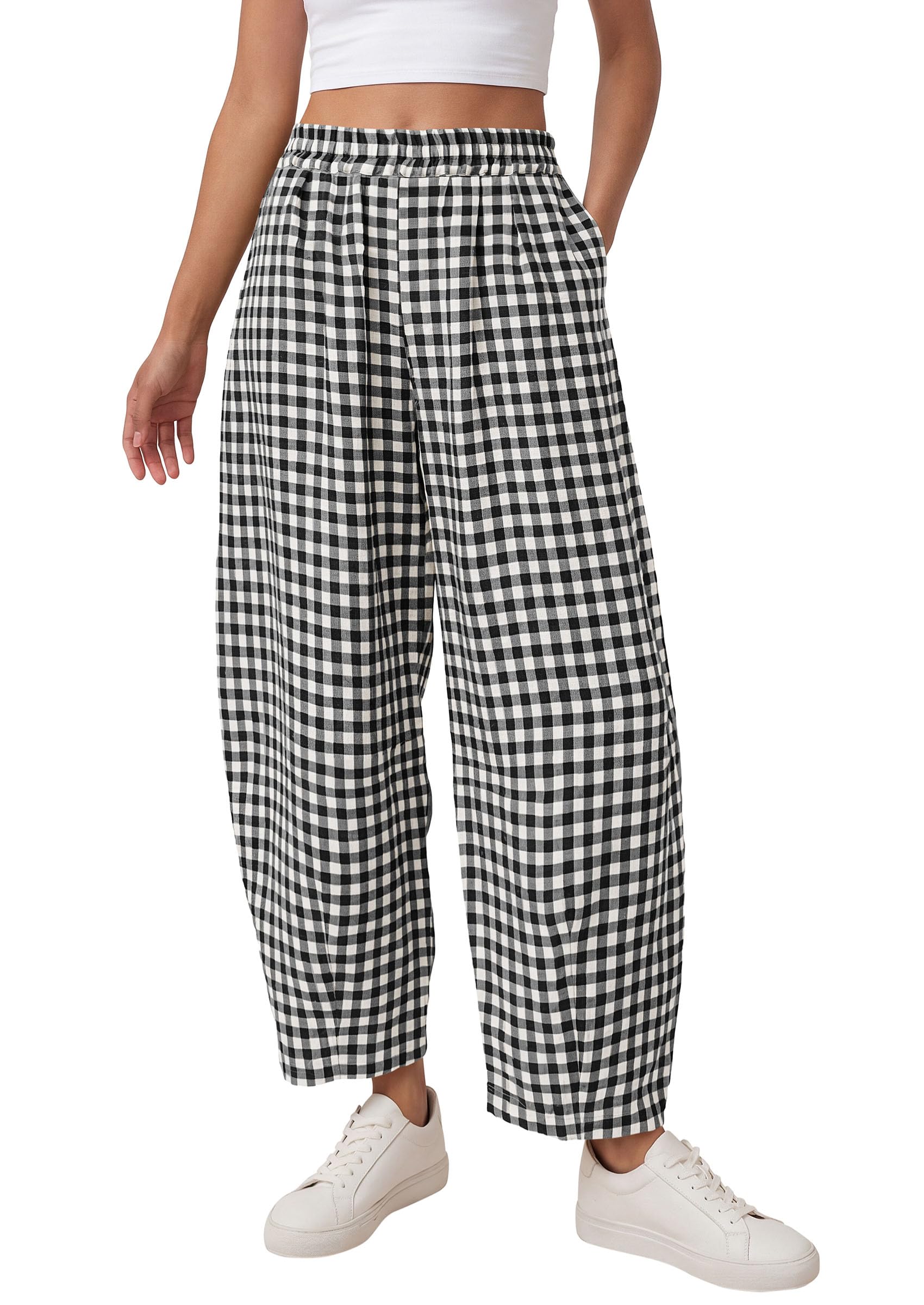 Plaid Barrel Pants Women Summer Bottoms, Black Plaid,L