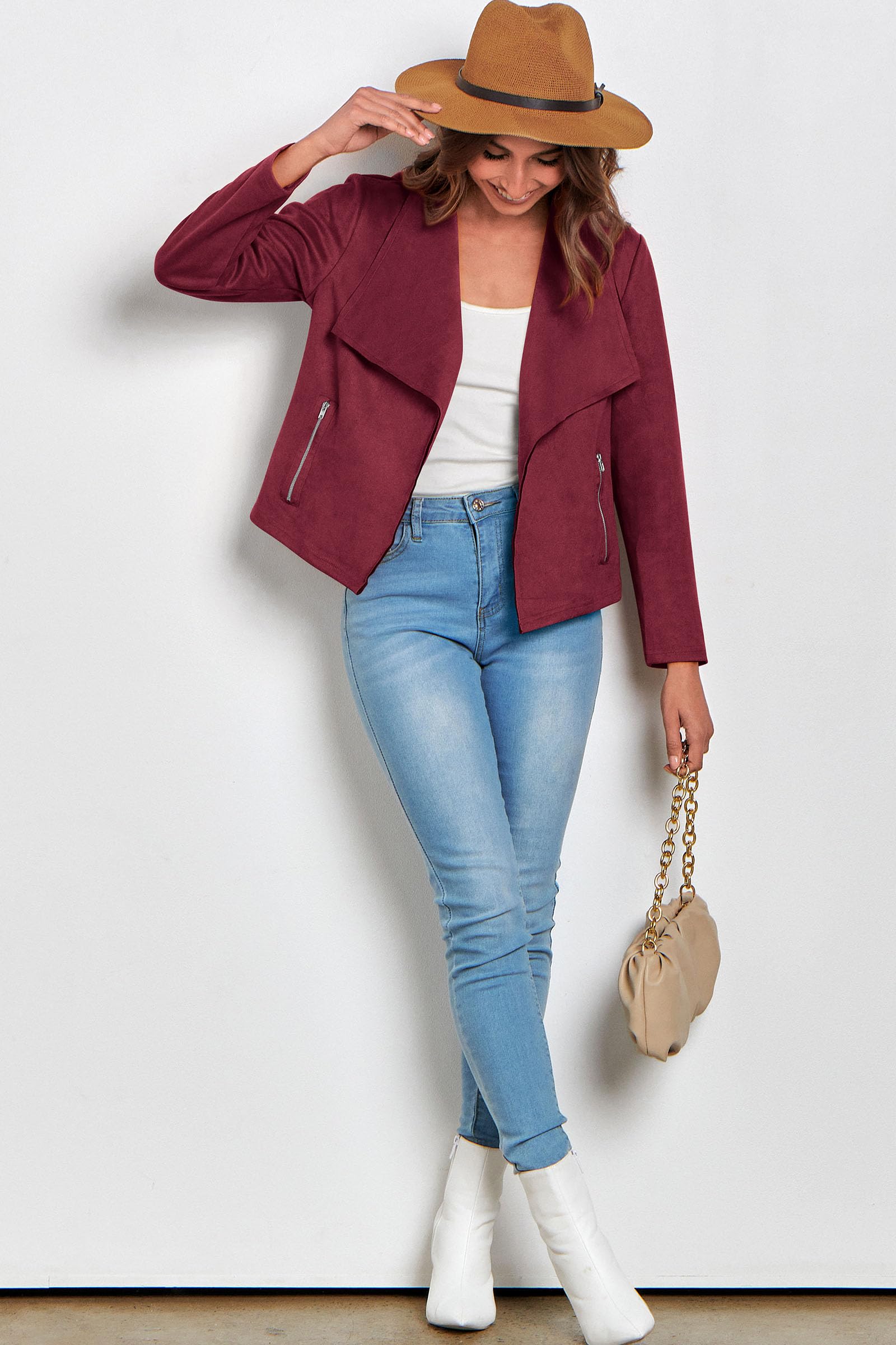 Women's Fall Fashion Faux Suede Jackets(Wine Red,Small)