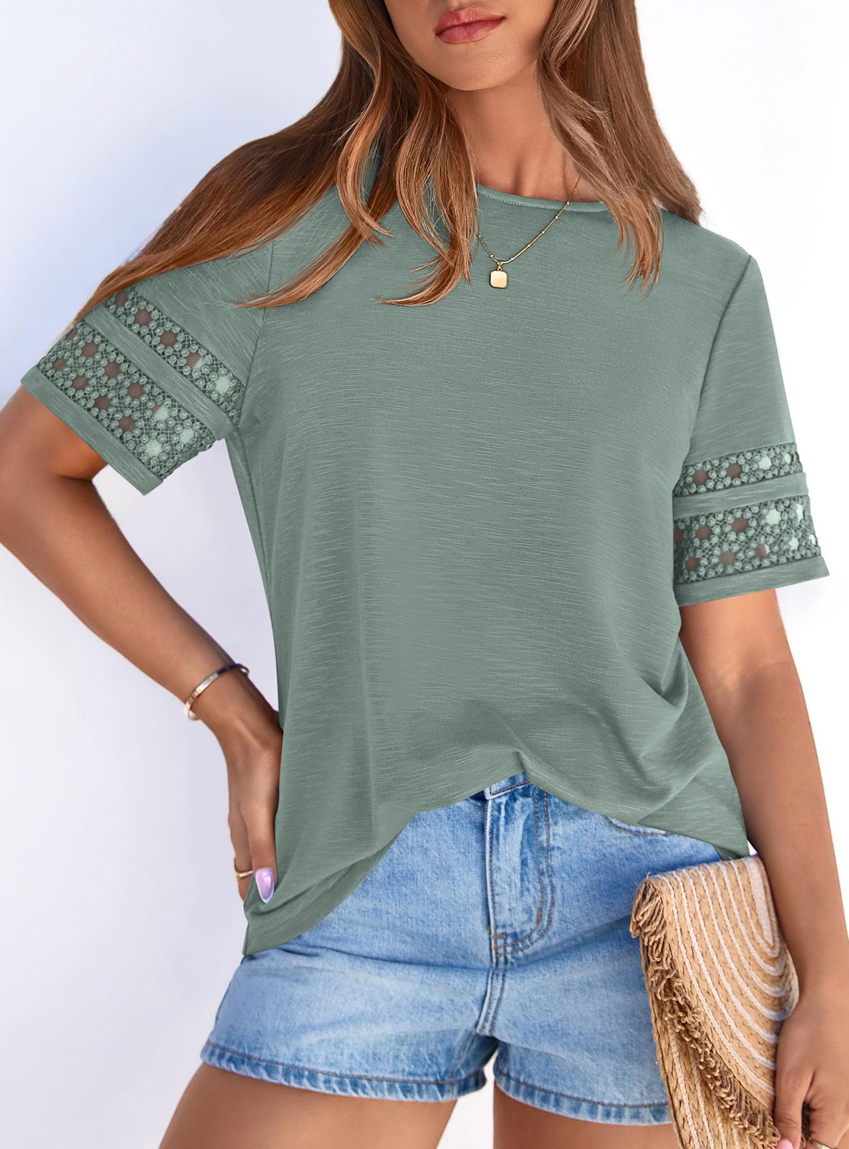 Women's Summer Short Sleeve Lace Trim T-Shirts,Sage Green,M