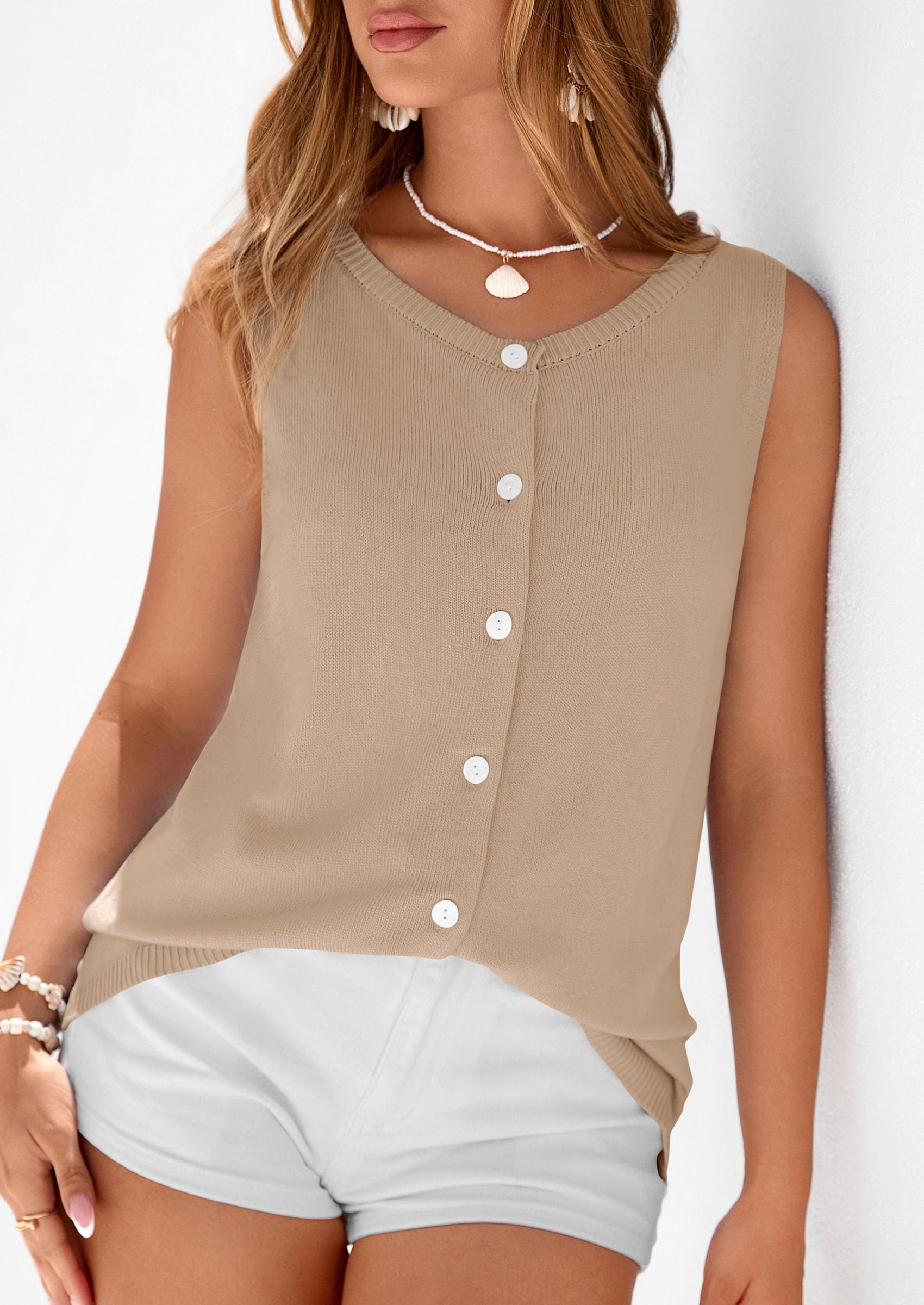 Women's Summer Button Up Sweater Vest Tops,Khaki,S