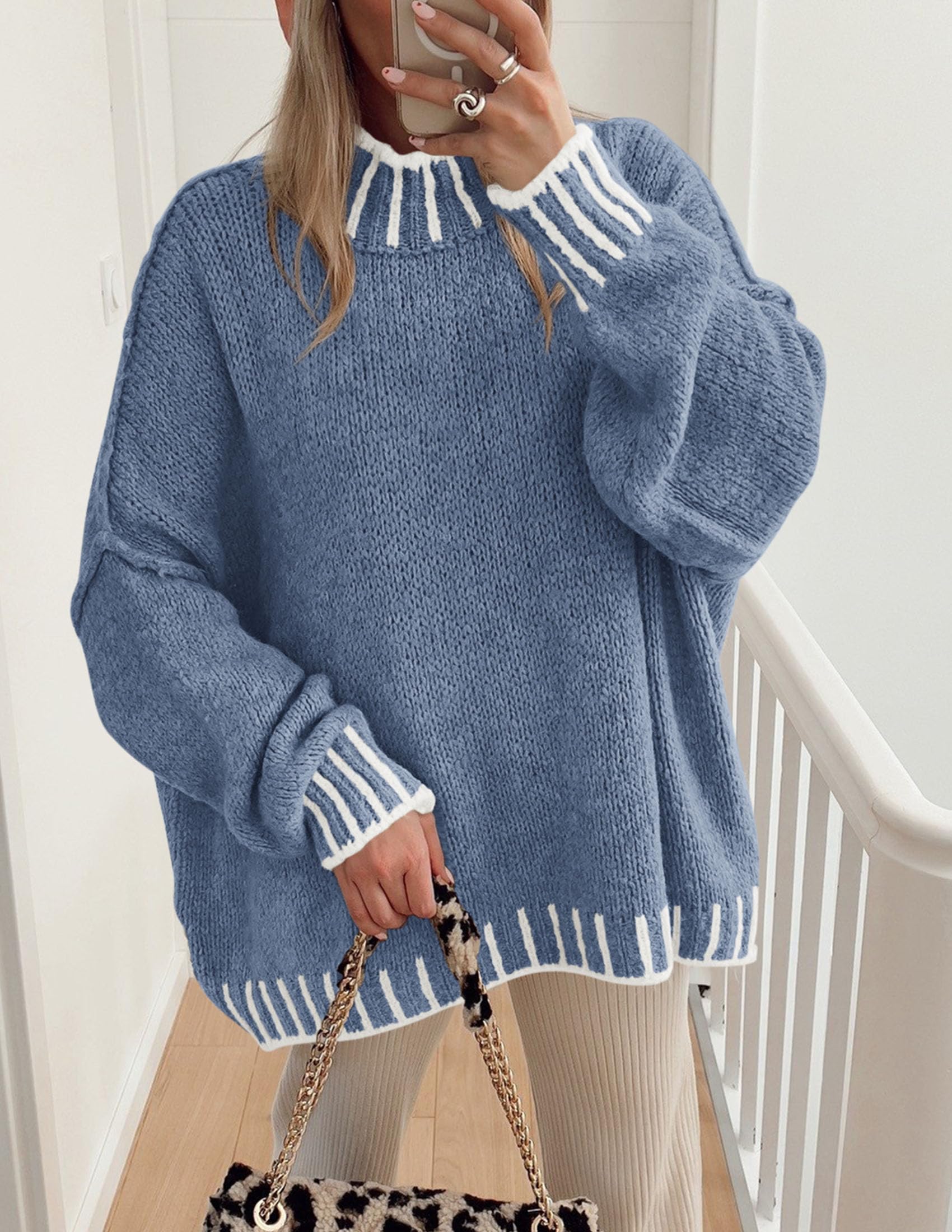Women's Mock Neck Oversized Pullover Sweaters,Blue,XS