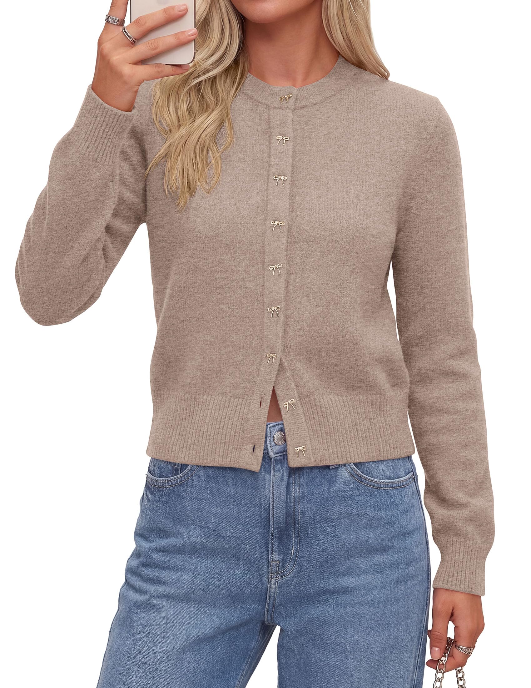 Cardigan Sweaters for Women Cropped Bow Button Up Cardigan