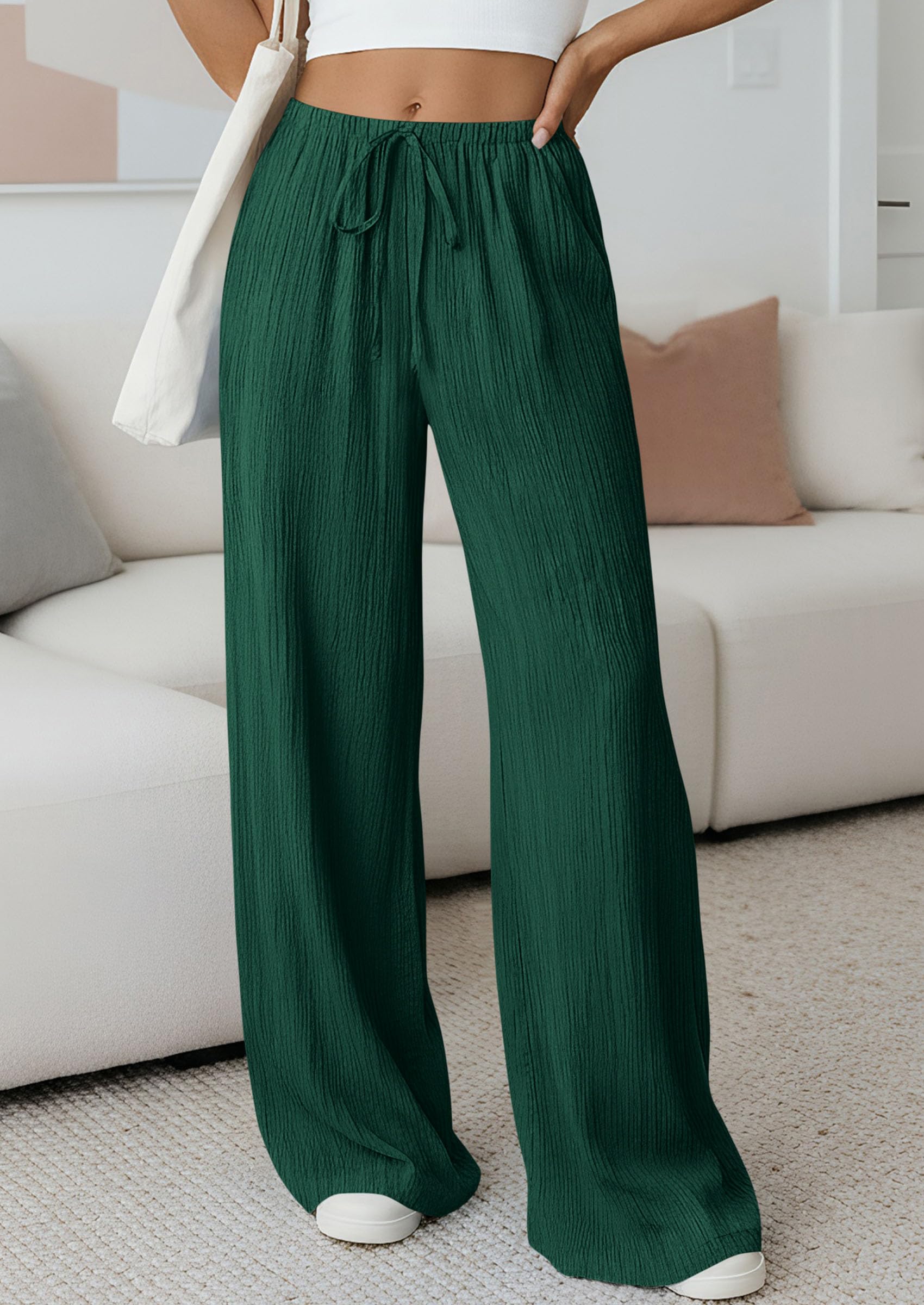 Women's Palazzo Pants Casual Wide Leg Trousers,Dark Green,S
