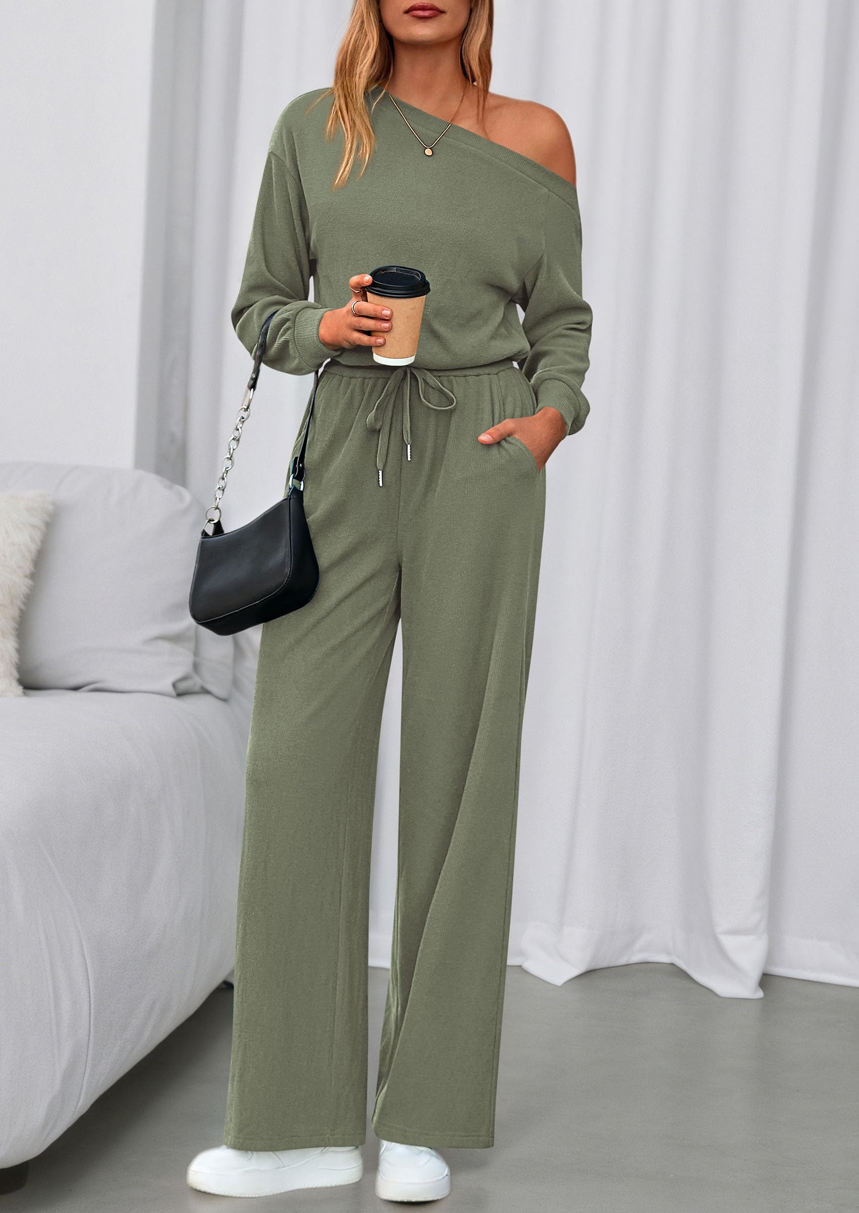 Womens Off Shoulder Long Sleeve Jumpsuit,Bean Green,S